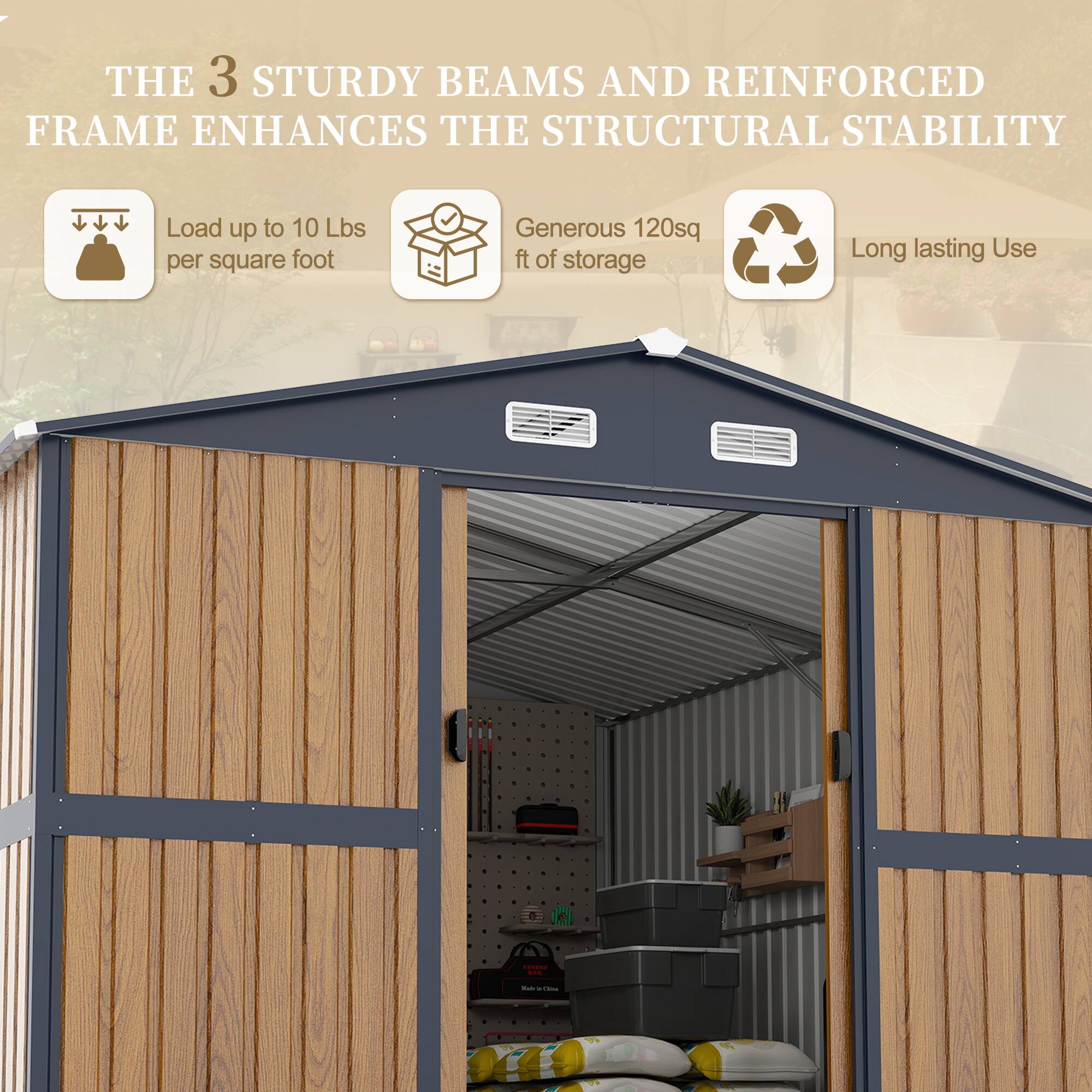 Angle. TinyHomie - 10X12 FT Outdoor Steel Storage Shed with Lockable Doors 2 Windows Garden Shed Wood Panels and Frame Floor Not Included.