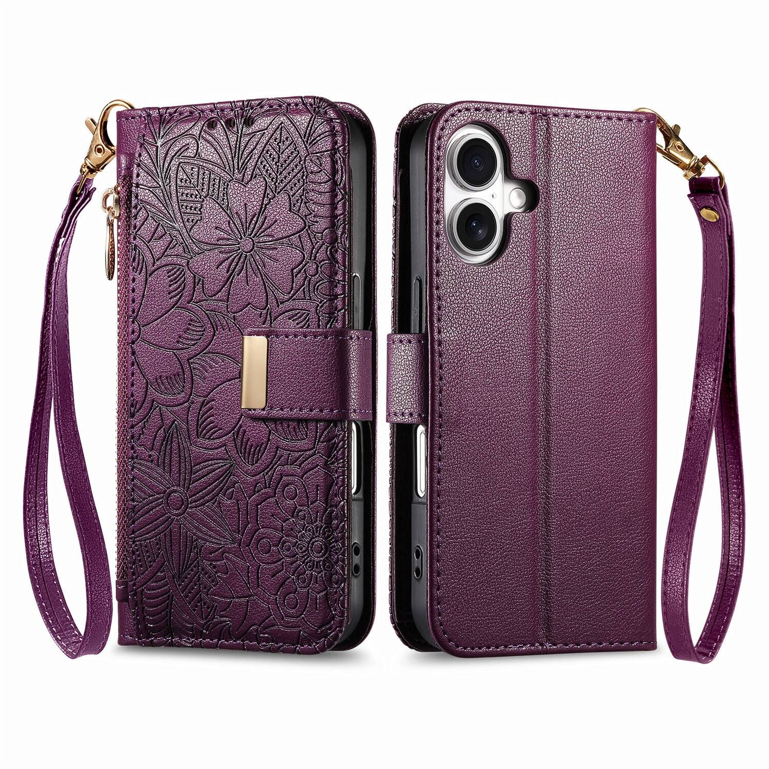 Angle. UUCOVER - Floral PU Leather Wallet Case for iPhone 16 Plus with Zipper Pocket, Card Slots,Shoulder & Wrist Strap, Stand Cover - Purple.