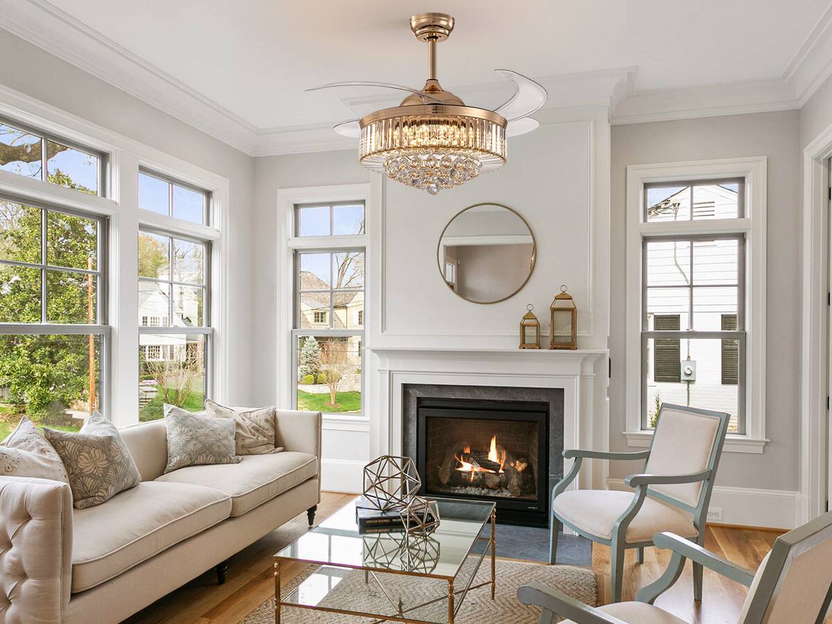 Angle. Siljoy - 42-in Gold Crystal Ceiling Fan with Light and Remote Control Include - Gold.