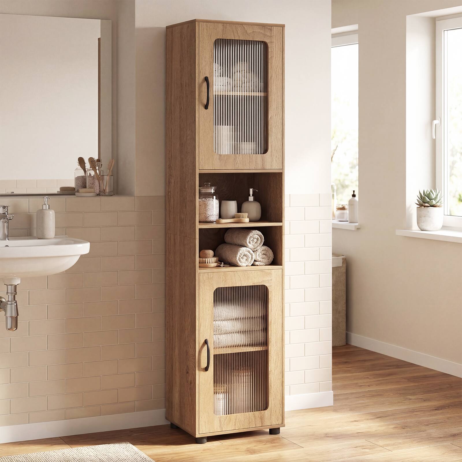 Alt View 1. Costway - Costway Bathroom Cabinet, Slim Floor Storage Cabinet with 2 Fluted Doors,4 Rubber Feet - Natural.
