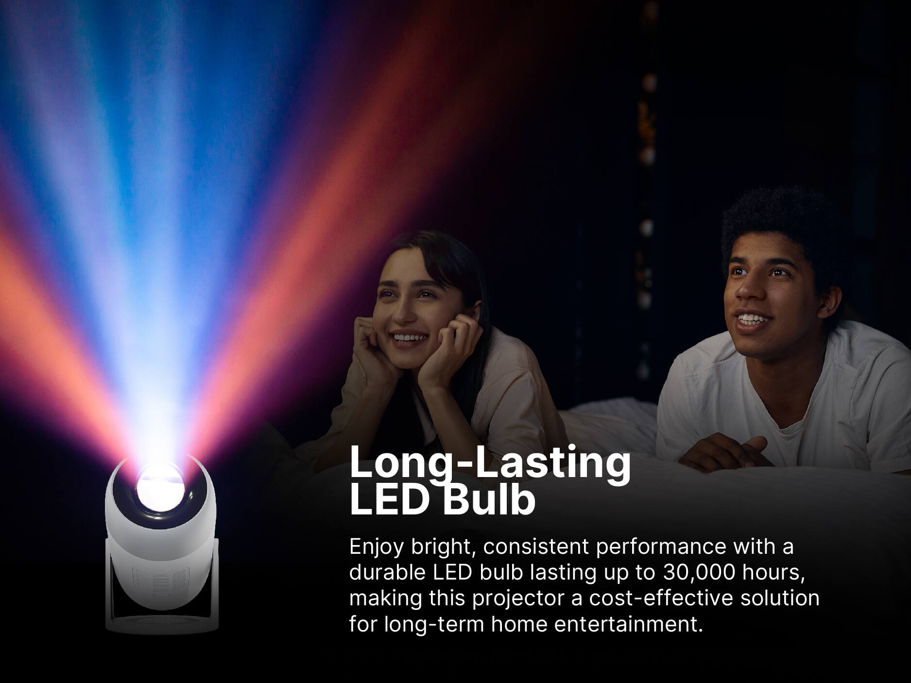 Long-Lasting LED Bulb
Enjoy bright, consistent performance with a durable LED bulb lasting up to 30,000 hours, making this projector a cost-effective solution for long-term home entertainment.