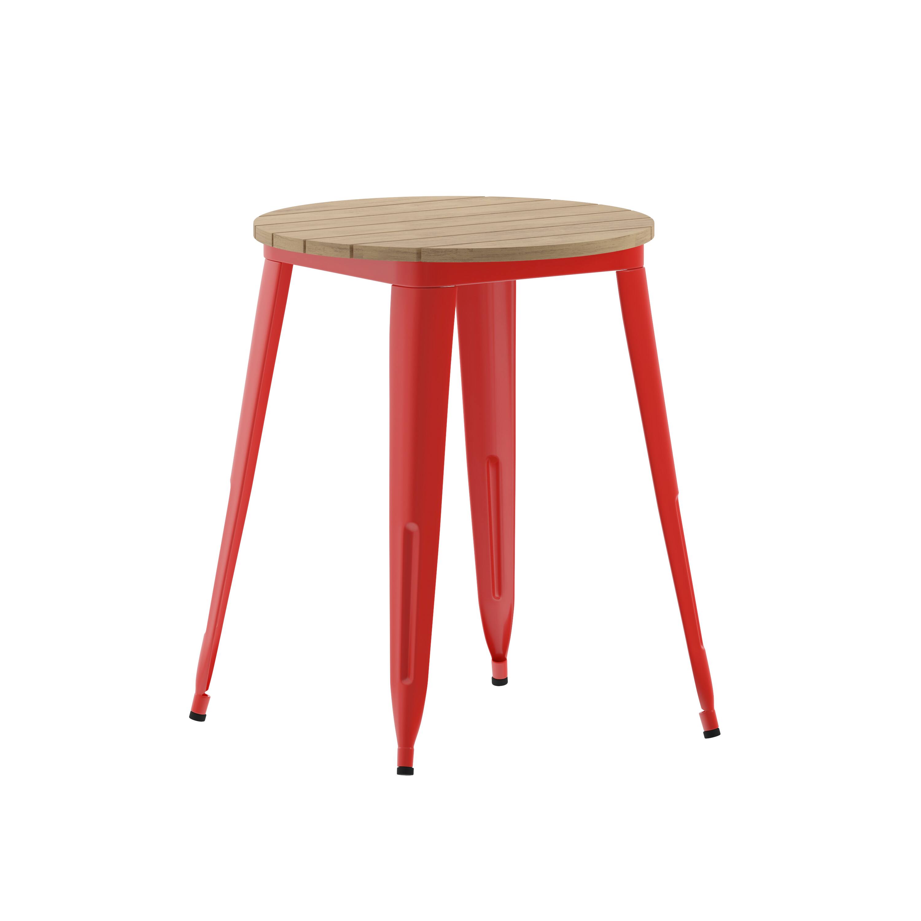 Alt View 1. Emma + Oliver - Drew Indoor/Outdoor Dining Table, 23.75" Round All Weather Poly Resin Top with Steel Base - Brown Top/Red Frame.