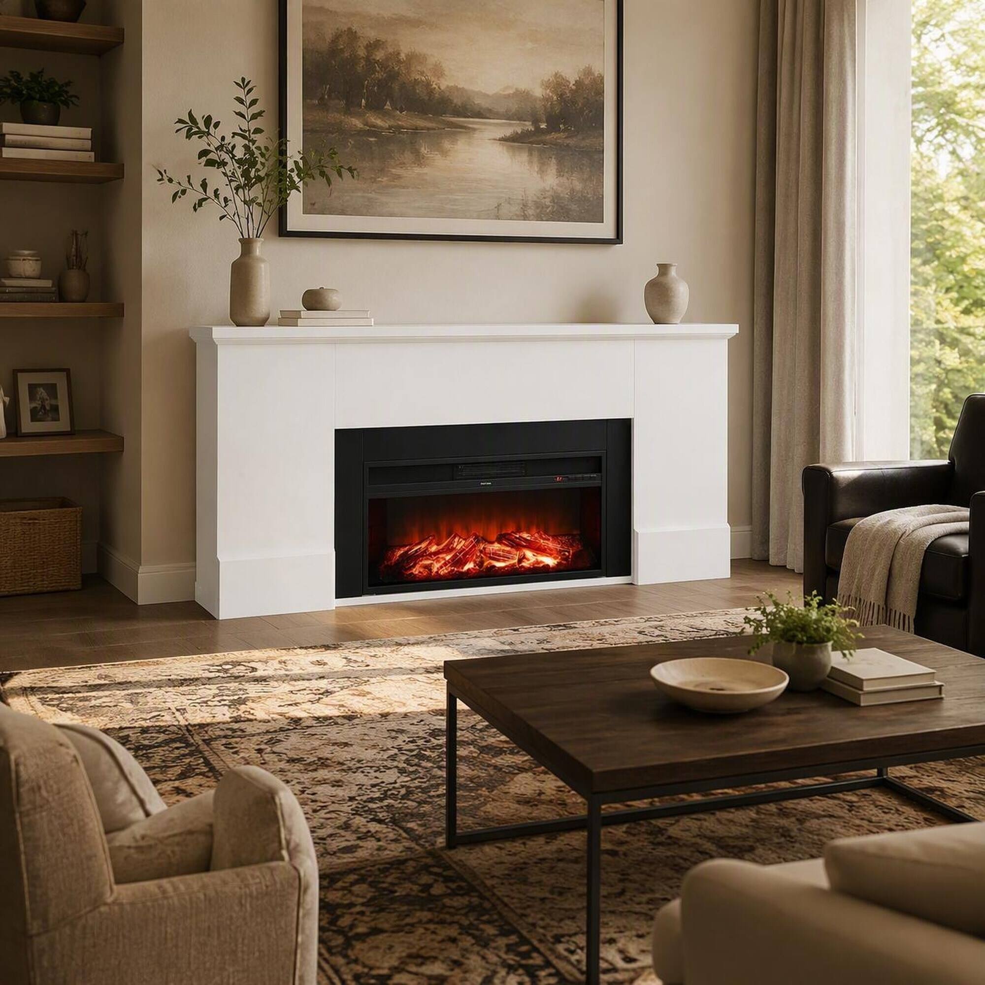 Left. RYHNUYNE - 75 Inch White Freestanding Electric Fireplace Heater With Mantel, Adjustable Flames Remote Timer Overheat Protection - Black White.