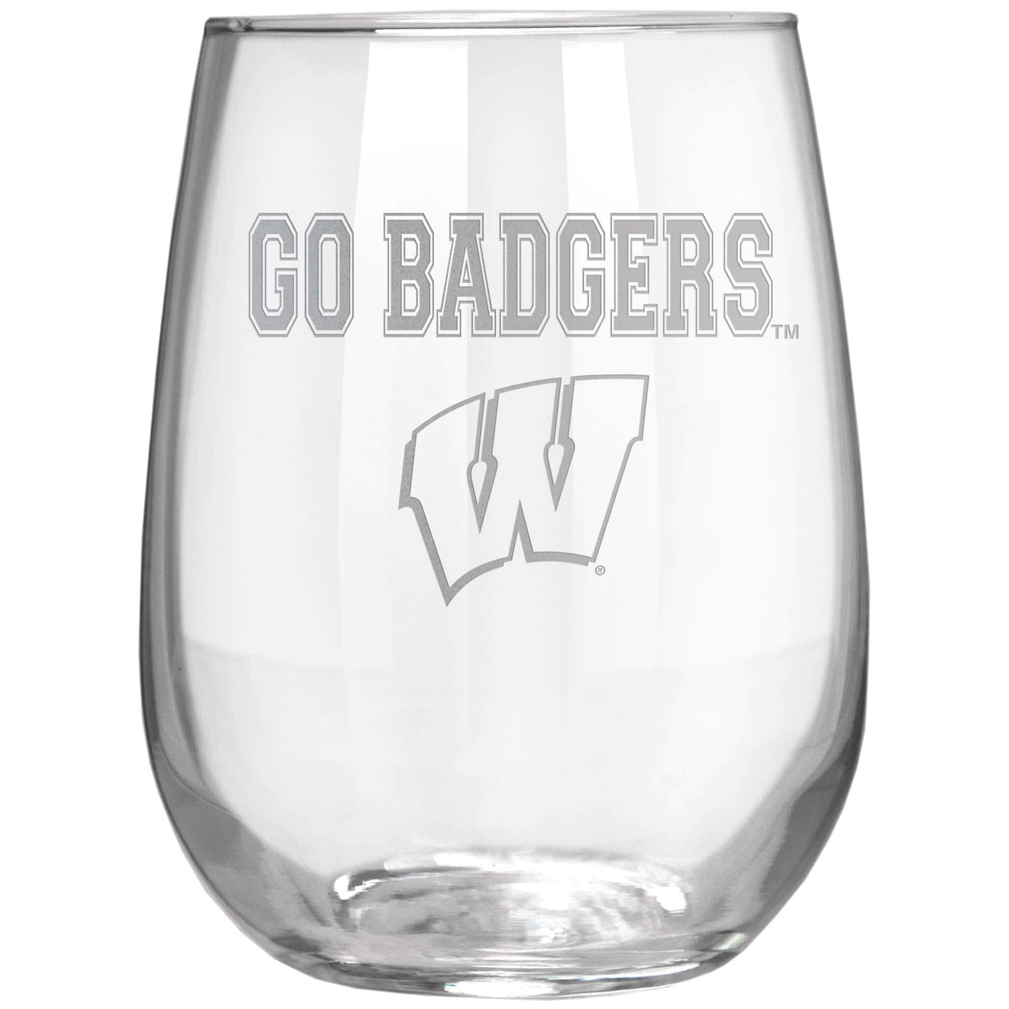 Front. Great American Products - Wisconsin Badgers Etched 17oz. Rally Cry Stemless Wine Glass - Multicolor.