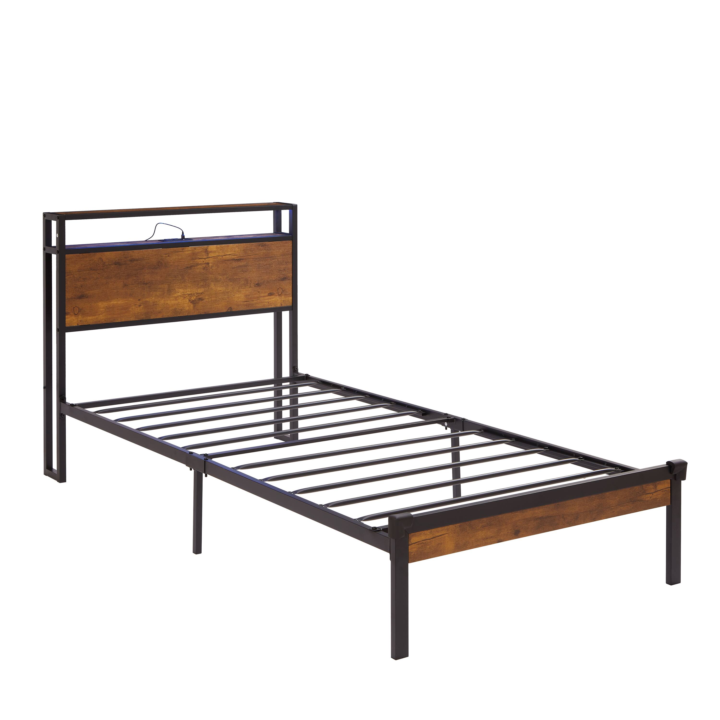 Back. LUCKY ONE - Twin Size Metal Platform Bed Frame with Wooden Headboard and Footboard,LED Lights - Black+Brown.