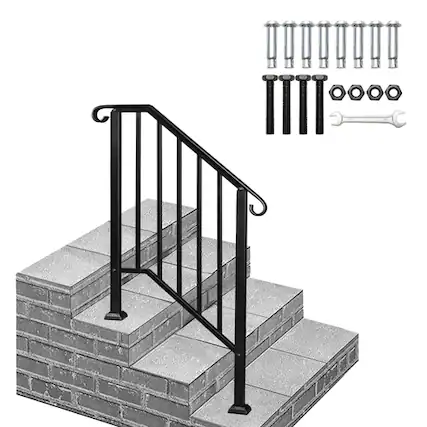 Front. Winado - Handrails Steps Stair Fits 2-3 Steps, Wrought Iron Hand Rail Stair Railing 1PC for Outdoor Concrete Porch Wooden Steps - Black.