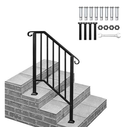 Front. Winado - Handrails Steps Stair Fits 2-3 Steps, Wrought Iron Hand Rail Stair Railing 1PC for Outdoor Concrete Porch Wooden Steps - Black.