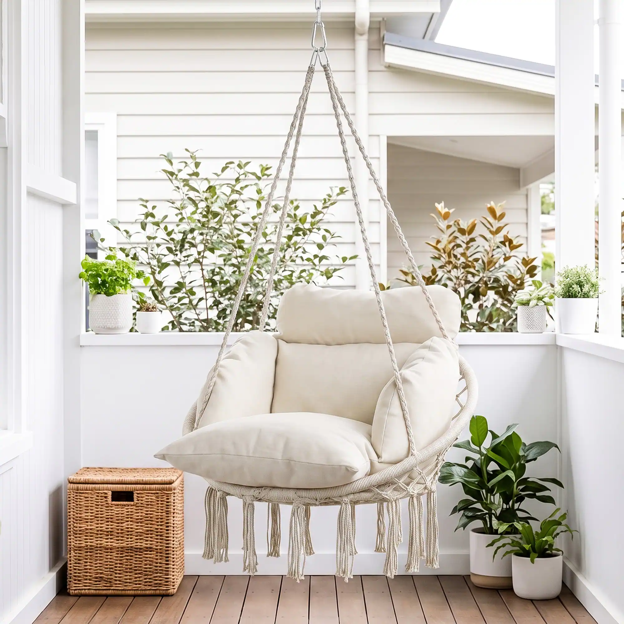 Alt View 1. Outsunny - Swing Chair, Macrame Hanging Chair with Large Cushion, Chain, Steel Frame for Indoor Outdoor Use - Cream White.