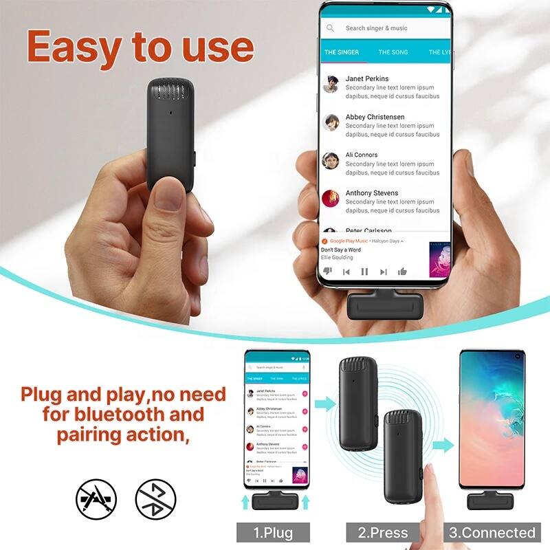 Easy to use

Search singer & music

THE SINGER  
Janet Perkins  
Secondary line text lorem ipsum dapibus, neque id cursus faucibus

THE SONG  
Abbey Christensen  
Secondary line text lorem ipsum dapibus, neque id cursus faucibus

THE LYRIC  
Ali Connors  
Secondary line text lorem ipsum dapibus, neque id cursus faucibus

Anthony Stevens  
Secondary line text lorem ipsum dapibus, neque id cursus faucibus

Datar Carleenn  
Google Play Music  
Halcyon Days - Don't Say a Word  
Elle Goulding

Plug and play, no need for bluetooth and pairing action,

1. Plug  
2. Press  
3. Connected