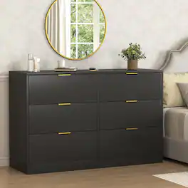 Z-Edge - 6 Drawer Dresser for Bedroom, Modern Chest of Drawers, Wood Storage Double Dresser with Deep Drawers for Living Room - Black