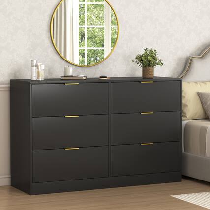 Front. Z-Edge - 6 Drawer Dresser for Bedroom, Modern Chest of Drawers, Wood Storage Double Dresser with Deep Drawers for Living Room - Black.