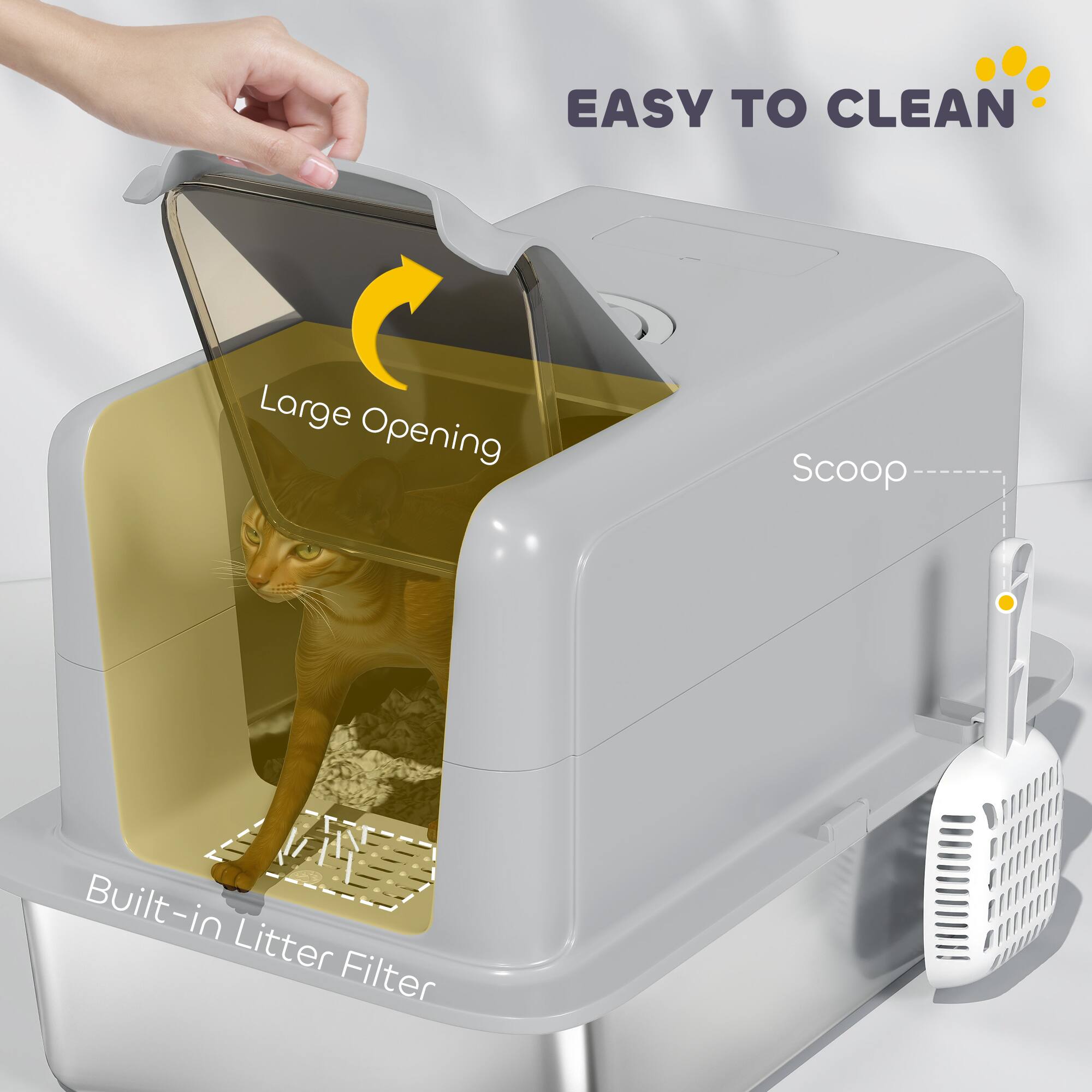 EASY TO CLEAN

Large Opening

Built-in Litter Filter

Scoop