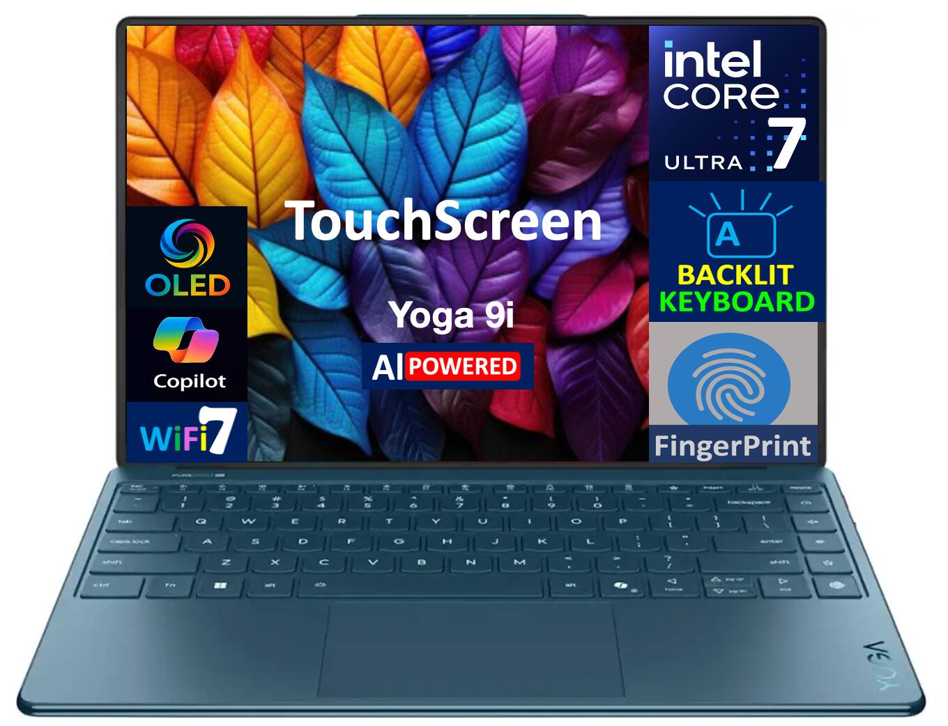 Intel Core Ultra 7  
TouchScreen  
Yoga 9i  
AI Powered  
OLED  
Backlit Keyboard  
Copilot  
WiFi 7  
Fingerprint