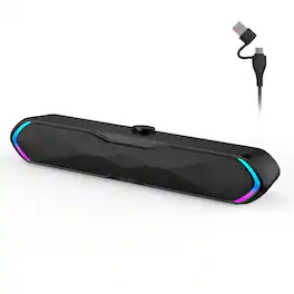 PRIMEPLUS - 6W Bluetooth 5.3 Wireless Soundbar for Desktop with USB Plug and Play RGB Lighting and Wired Control Knob - Black