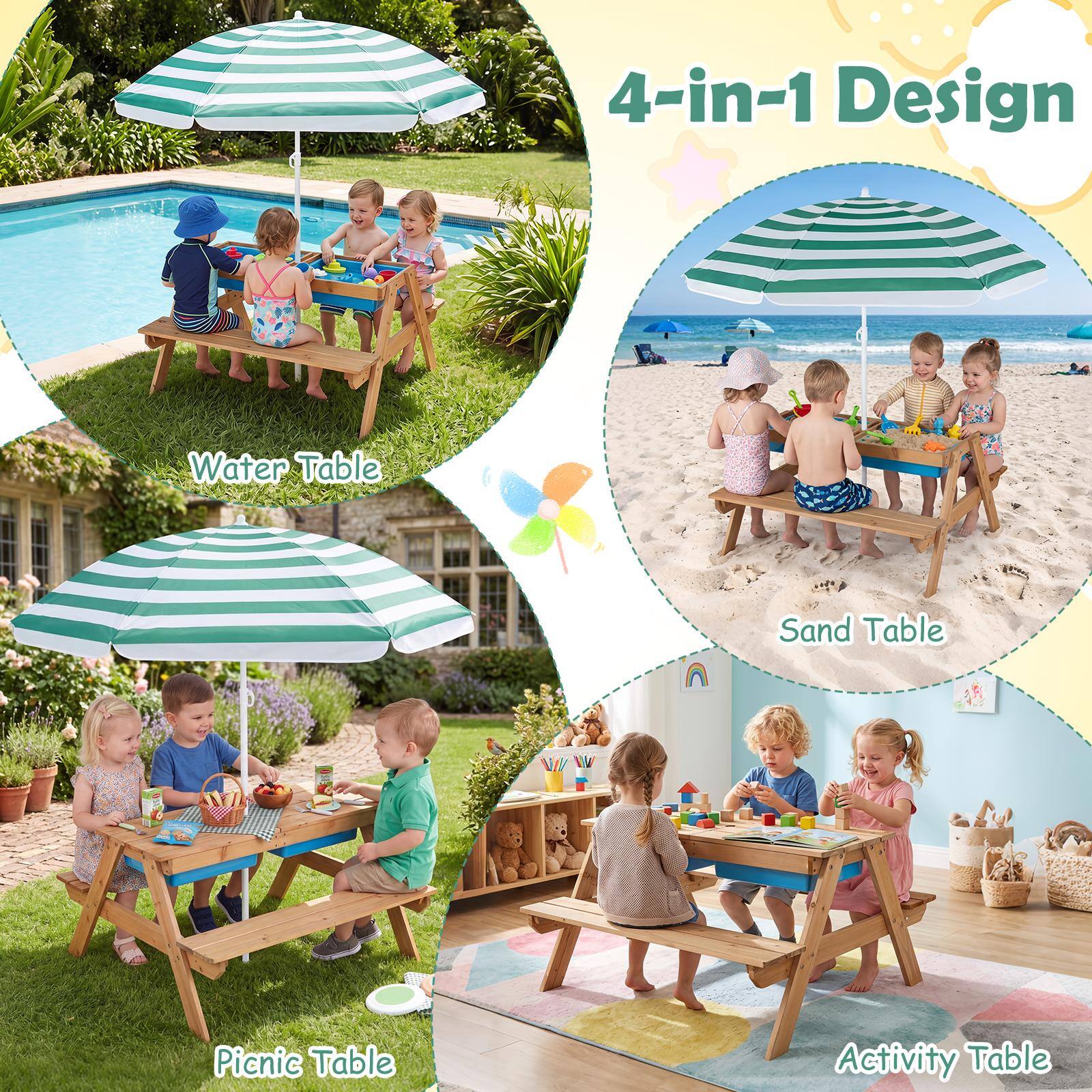 4-in-1 Design

Water Table

Sand Table

Picnic Table

Activity Table