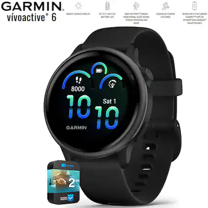 GARMIN vivoactive 6
BRIGHT AMOLED DISPLAY
UP TO 11 DAYS OF BATTERY LIFE
BODY BATTERY™ ENERGY MONITORING, SLEEP SCORE, STRESS TRACKING AND MORE
ADVANCED FITNESS FEATURES
WORKS WITH THE GARMIN CONNECT™ APP ON IPHONE® AND ANDROID® SMARTPHONES
8000
Sat 1
10 10
GARMIN
CPS
2 YR