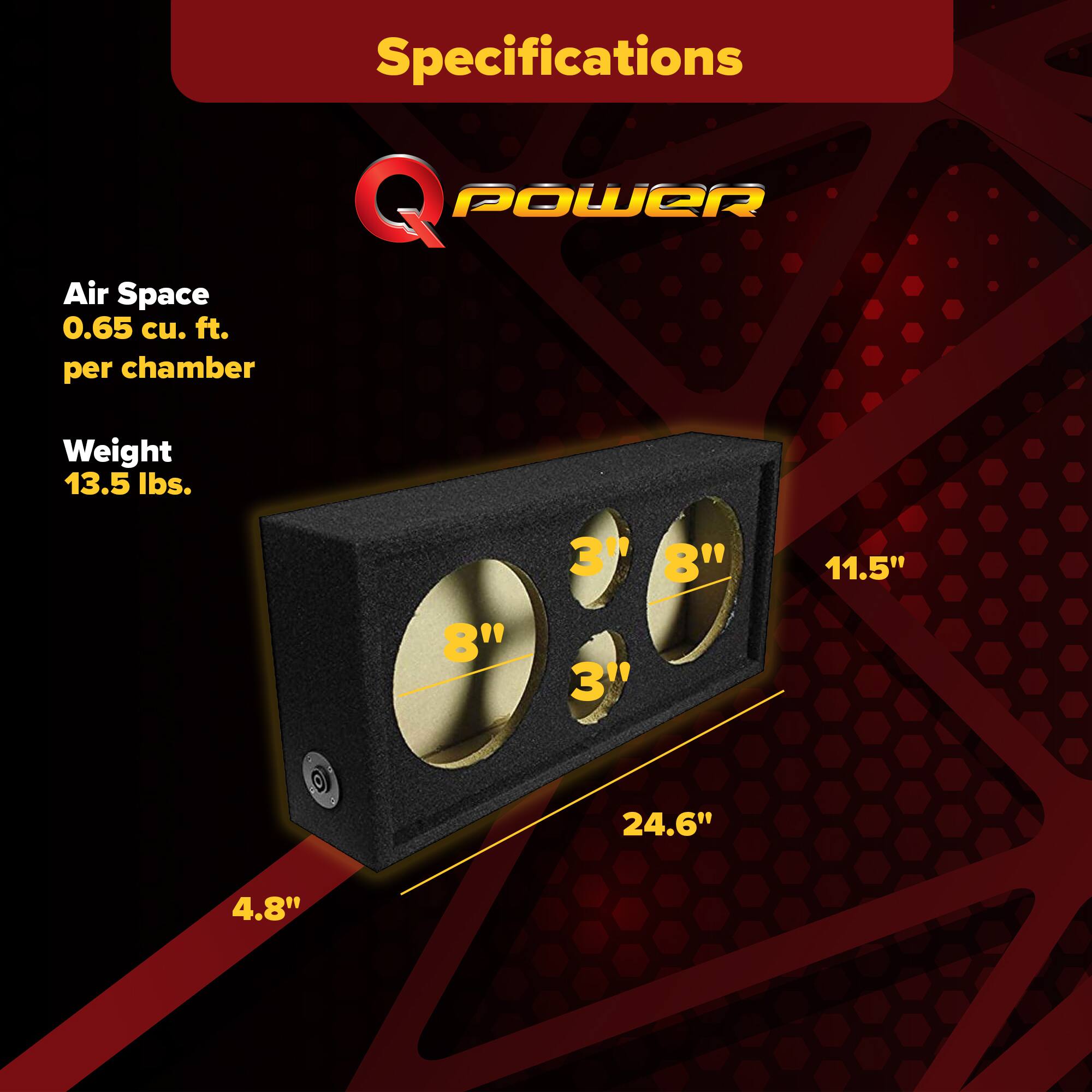 Specifications  
Q POWER  
Air Space: 0.65 cu. ft. per chamber  
Weight: 13.5 lbs.  
Dimensions: 8" x 3" x 8" x 3" x 11.5" x 24.6" x 4.8"