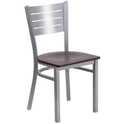 Front. Emma + Oliver - Silver Slat Back Metal Restaurant Dining Chair - Mahogany Wood Seat/Silver Frame.