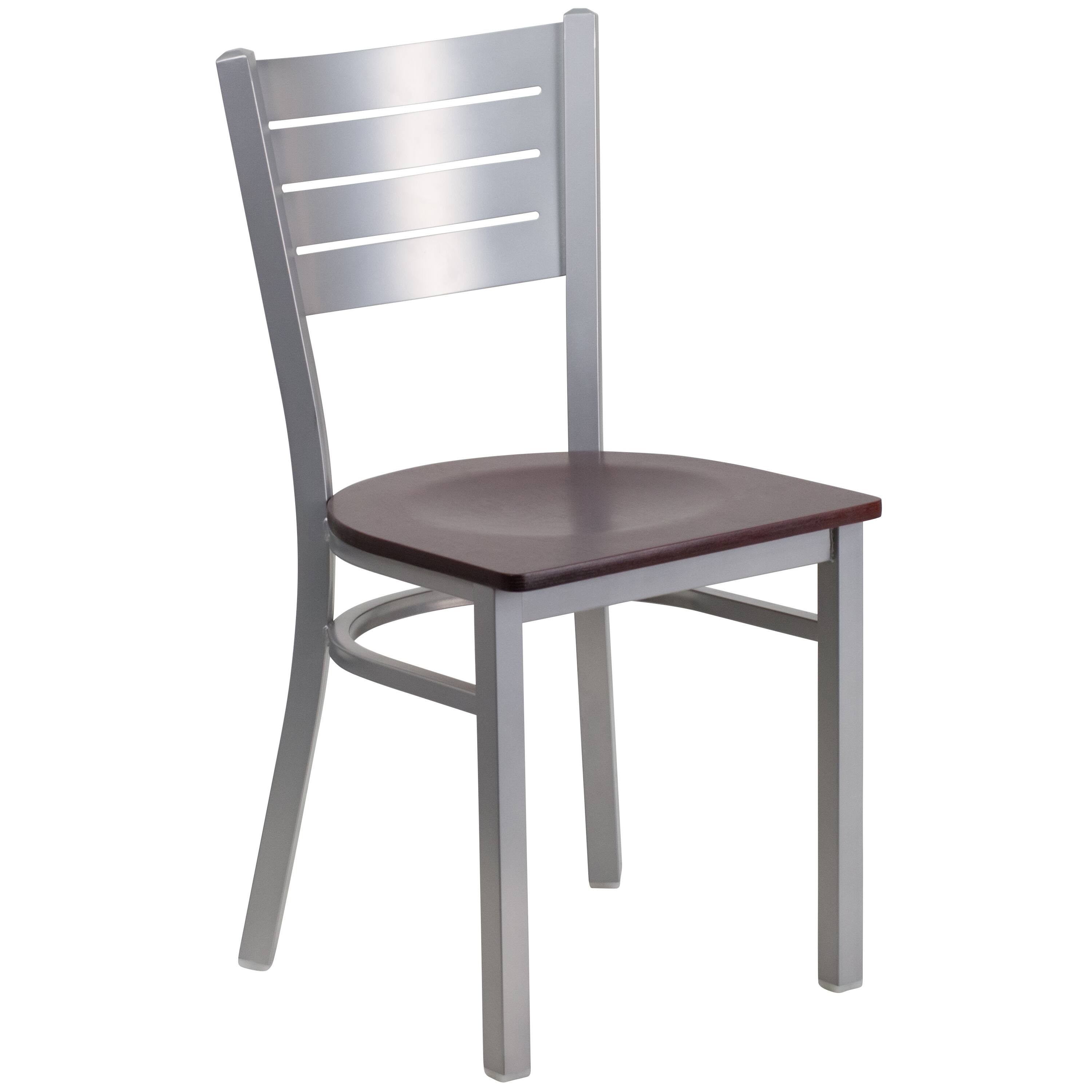 Front. Emma + Oliver - Silver Slat Back Metal Restaurant Dining Chair - Mahogany Wood Seat/Silver Frame.