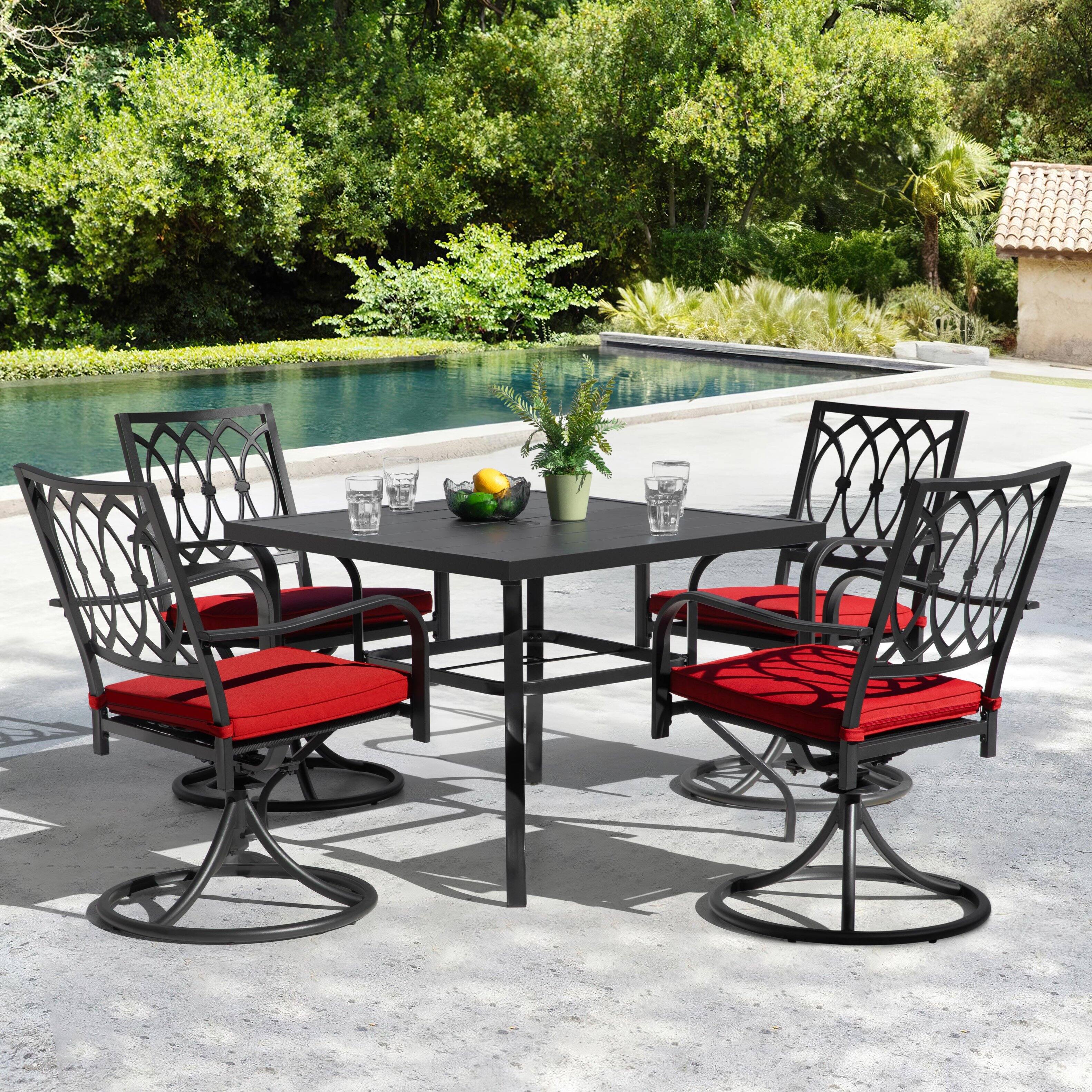 Angle. Nuu Garden - 5-Piece Metal Outdoor Dining Set with Umbrella Hole and 4 Swivel Chairs - Black and Red.