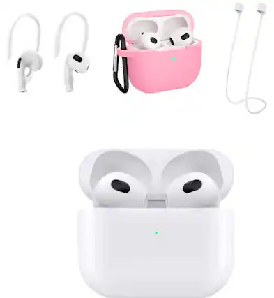 Front. Apple - Apple AirPods (3rd generation) with Lightning Charging Case- Pink Case Bundle - Multi.