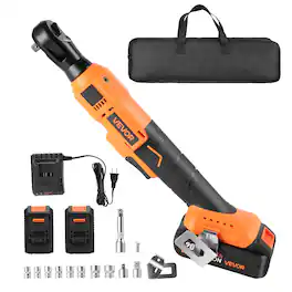 VEVOR - Cordless Ratchet Wrench, 3/8 inch Drive, 230 RPM, up to 88 ft-lbs of Torque, Ratchet Wrench Set with Two 2.0Ah Batteries - Black,Orange