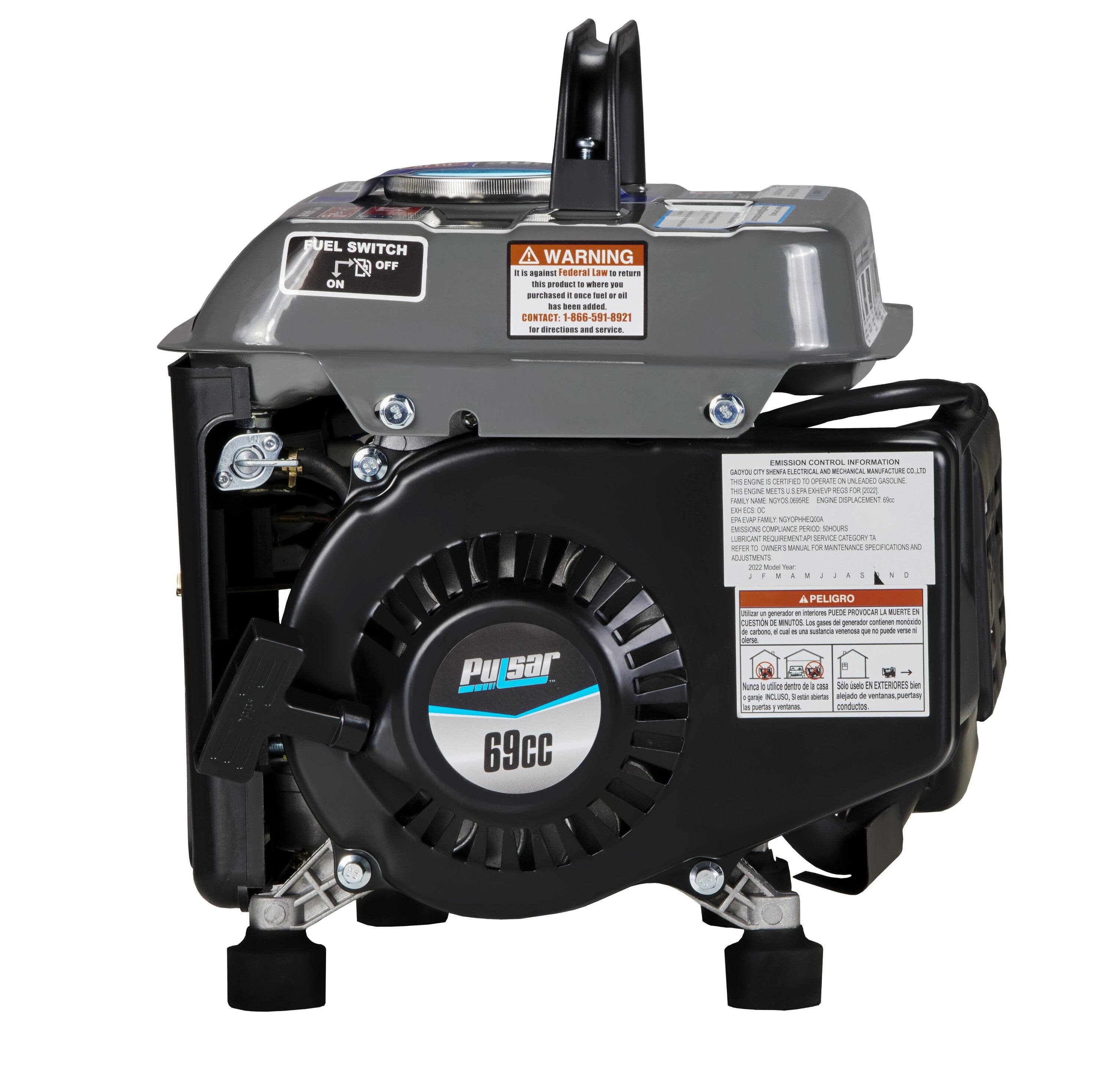 FUEL SWITCH  
OFF ON  

WARNING  
If this product is purchased for use in a location where you intend to install it indoors, please contact us at 1-866-591-8921 for directions and service.  

EMISSION CONTROL INFORMATION  
GAS CITY ELECTRIC & MECHANICAL MFG. CO., LTD.  
THE ENGINE CENTERED TO OPERATE ON LEADED GASOLINE.  
ENGINE MODEL: 69CC  
ENGINE DISPLACEMENT: 69CC  
ENGINE SPEED: 3600 RPM  
ENGINE APPLICATION: GENERATOR  
ENGINE FAMILY: HONDA  
ENGINE NAME: GX690  
ENGINE MANUFACTURE: HONDA  
LUBRICATION REQUIREMENT: SERVICE CATEGORY TA  

ADJUSTMENTS:  
- SPEED: SPEED ADJUSTMENT SCREW  
- VOLTAGE: VOLTAGE ADJUSTMENT SCREW  
- IDLE: IDLE ADJUSTMENT SCREW  
- LOAD: LOAD ADJUSTMENT SCREW  
- CARBURETOR: CARBURETOR ADJUSTMENT SCREW  
- AIR FILTER: AIR FILTER CLEANING  
- OIL: OIL LEVEL CHECK  
- FUEL: FUEL LEVEL CHECK  

A PEL
