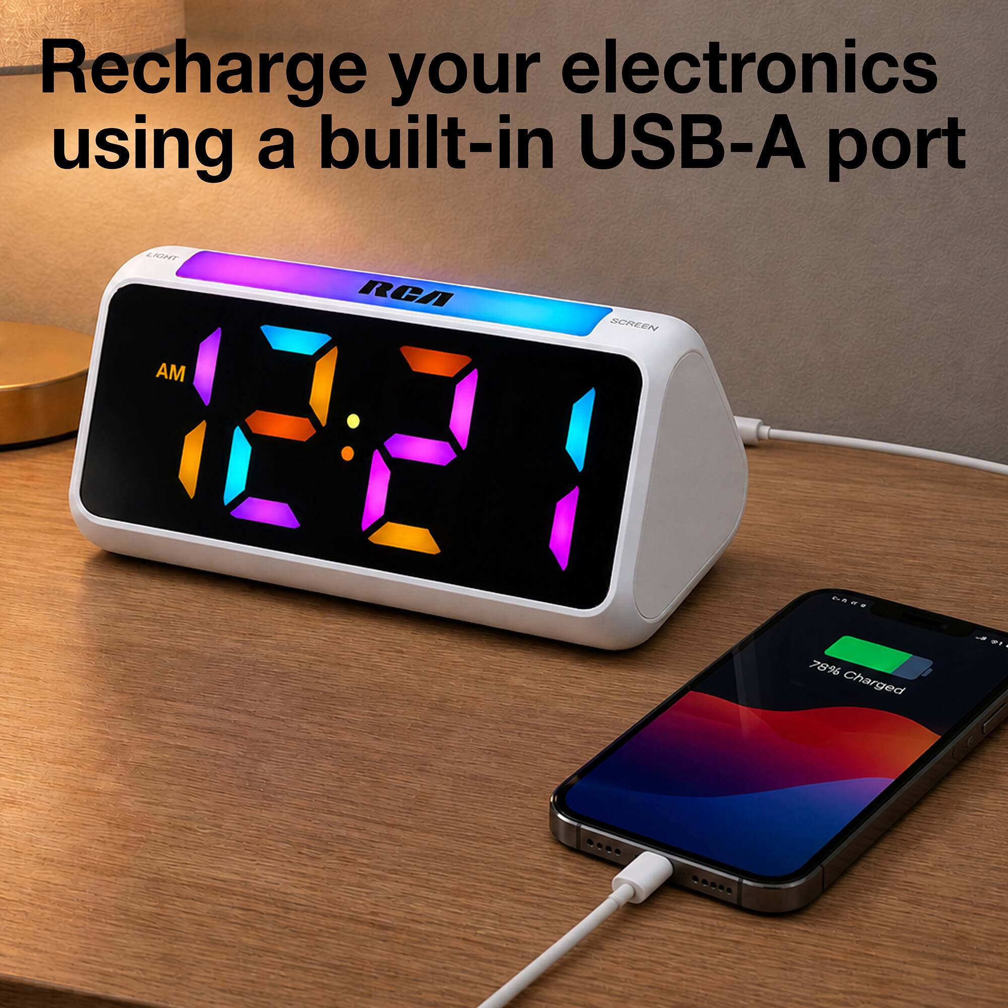 Recharge your electronics using a built-in USB-A port

LIGHT
RCA
SCREEN
AM

78% Charged
1%