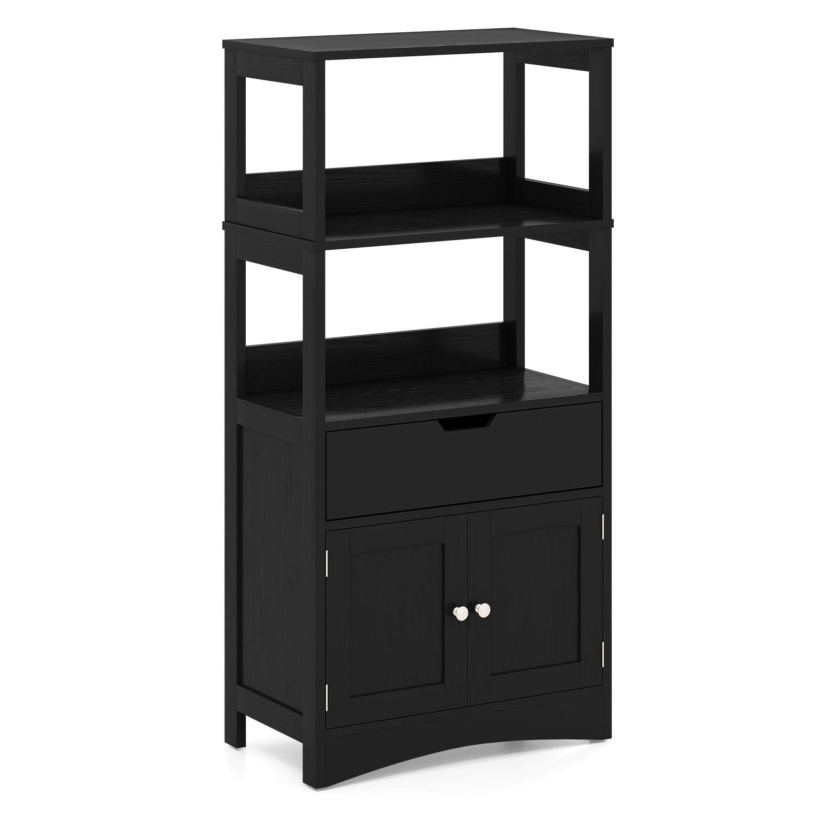Alt View 9. Gymax - Gymax Kitchen Pantry Cabinet w/ Open Shelves Drawer & Doors Floor Storage Cabinet for Bathroom Black - Black.