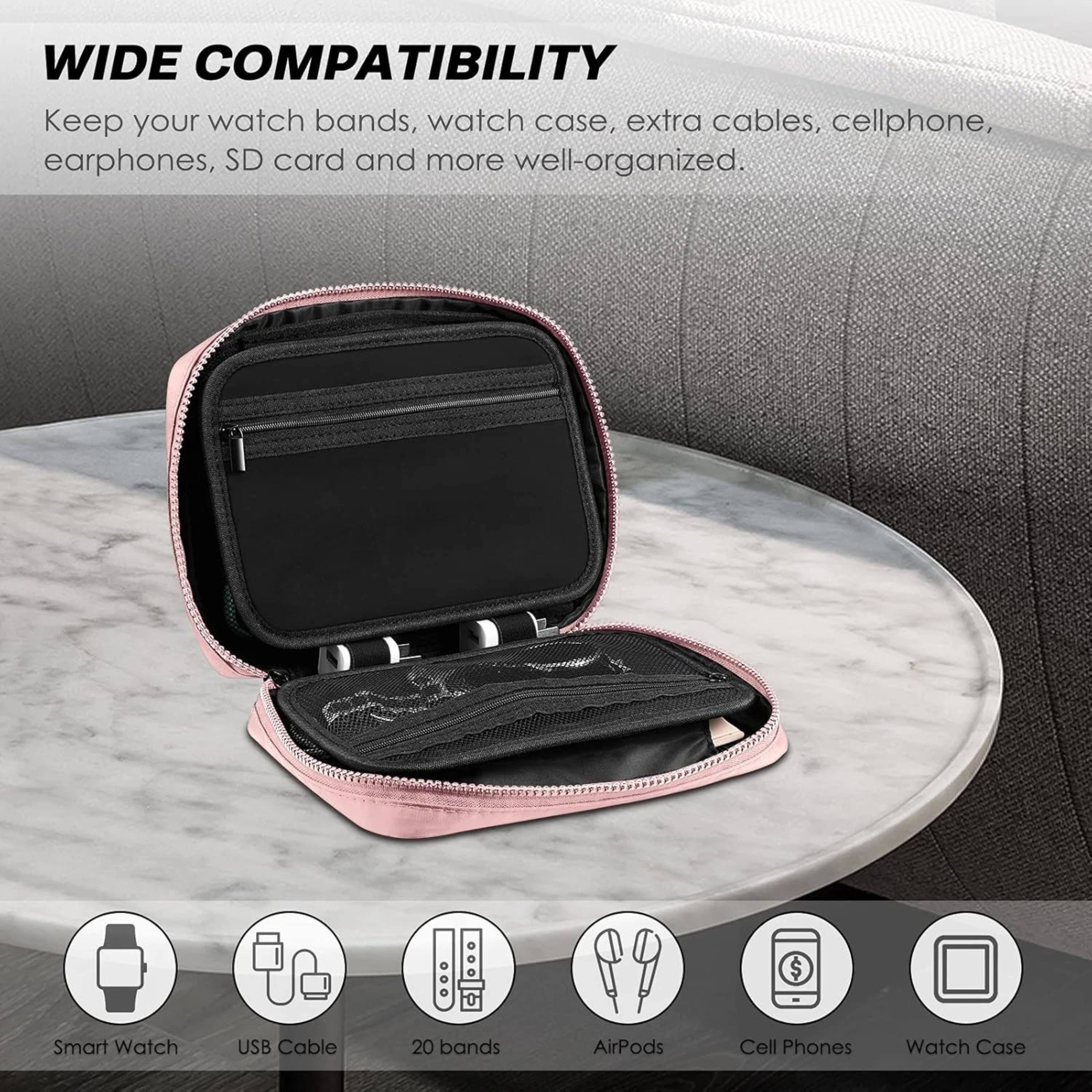 WIDE COMPATIBILITY  
Keep your watch bands, watch case, extra cables, cellphone, earphones, SD card and more well-organized.  

Smart Watch  
USB Cable  
20 bands  
AirPods  
Cell Phones  
Watch Case