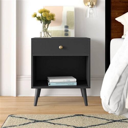 Angle. Hivvago - Mid-Century Farmhouse 1-Drawer Nightstand with Open Shelf in Black Wood Finish - Black.