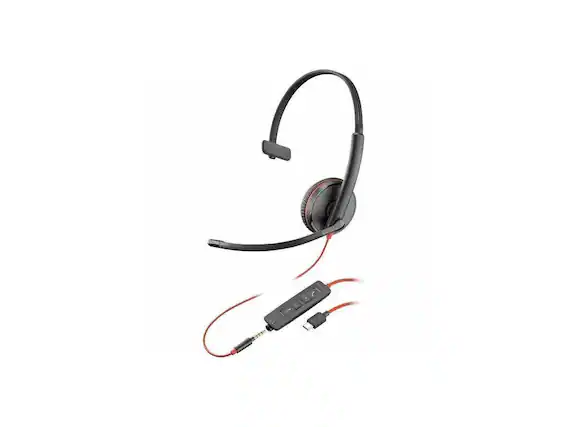 Front. HP - Poly Blackwire 3215 USB-C Headset w/ 3.5mm & Adapters - Teams Certified - Red.