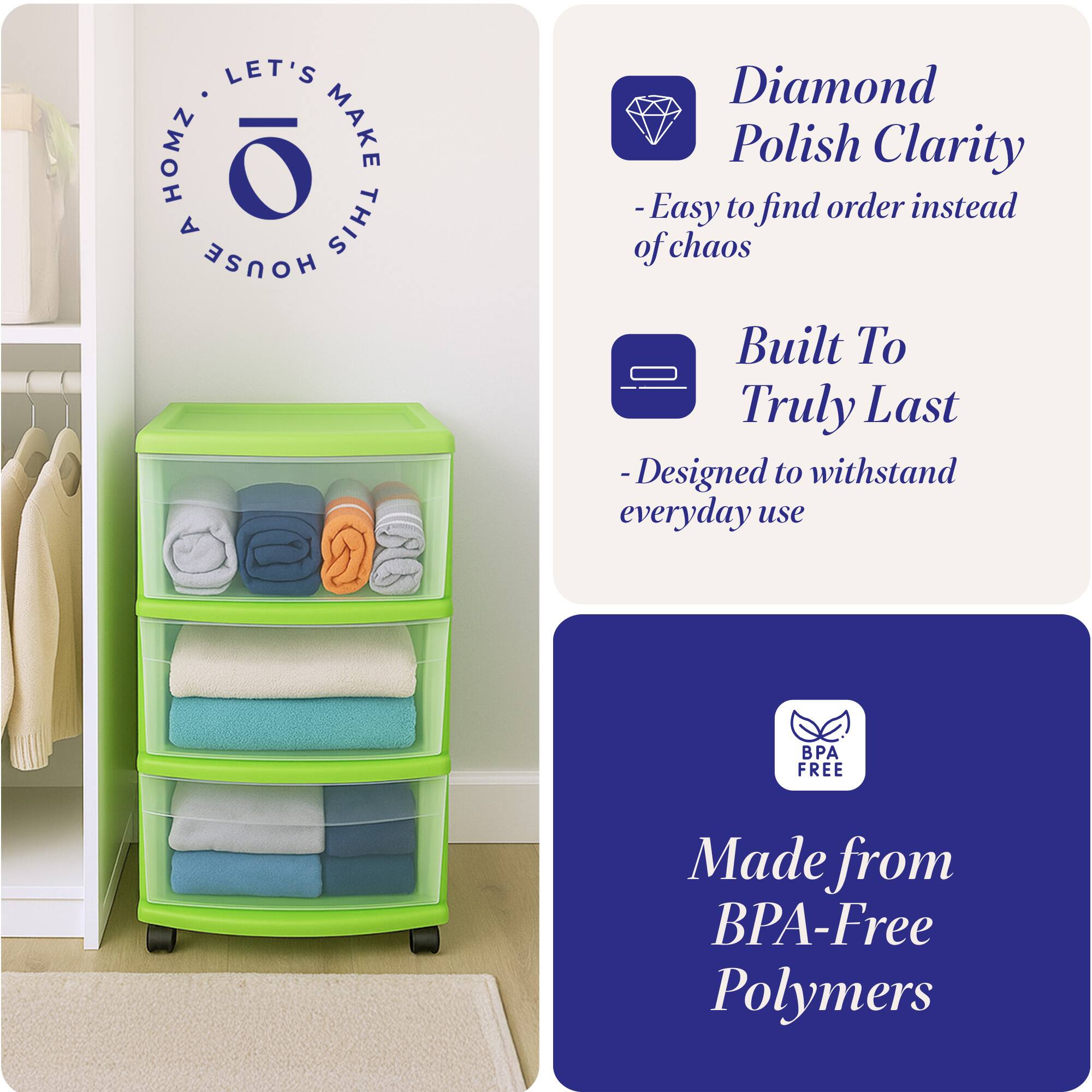 LET'S MAKE THIS HOUSE A HOME

- Diamond Polish Clarity
  - Easy to find order instead of chaos

- Built To Truly Last
  - Designed to withstand everyday use

- Made from BPA-Free Polymers