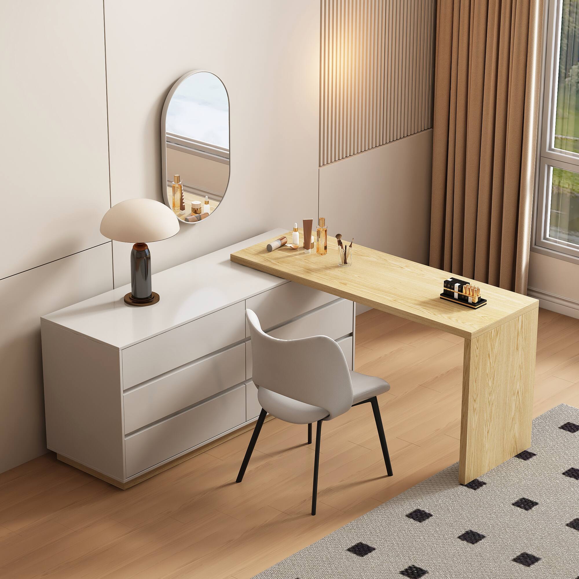 Angle. luck idea - Modern Minimalist Expandable Vanity Desk with 6 Drawers, Space-Saving Dresser for Bedroom - Natural Wood Color.