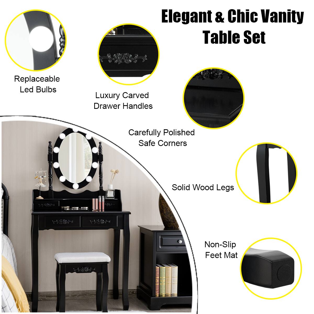 Elegant & Chic Vanity Table Set

- Replaceable Led Bulbs
- Luxury Carved Drawer Handles
- Carefully Polished Safe Corners
- Solid Wood Legs
- Non-Slip Feet Mat