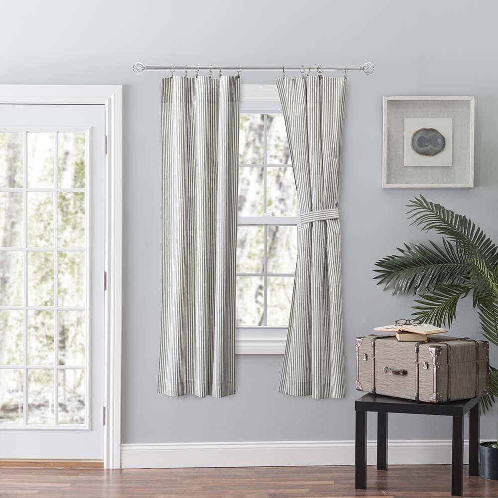 Left. Ellis Curtain - Ellis Curtain Plaza Classic Ticking Stripe Printed 3" Rod Pocket Tailored Panel Pair with Tiebacks 56" x 63" Sage - Sage.