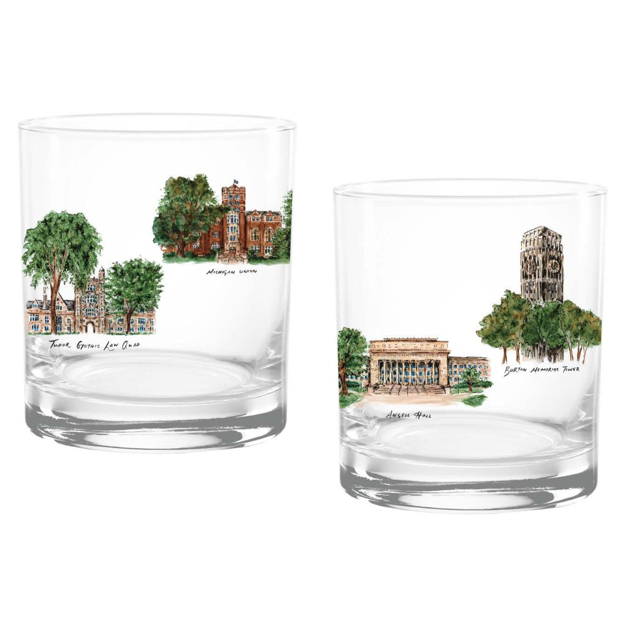 Sure, here is the corrected and grouped text from the image:

**Left Glass:**
- Michigan Union
- Tisch Hall
- Angell Hall

**Right Glass:**
- Burton Memorial Tower
- Angell Hall