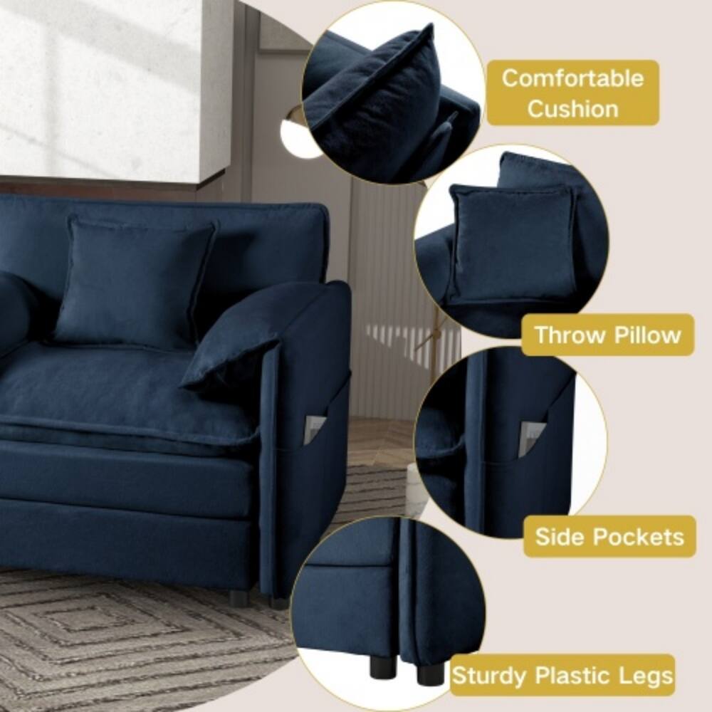 Comfortable Cushion  
Throw Pillow  
Side Pockets  
Sturdy Plastic Legs