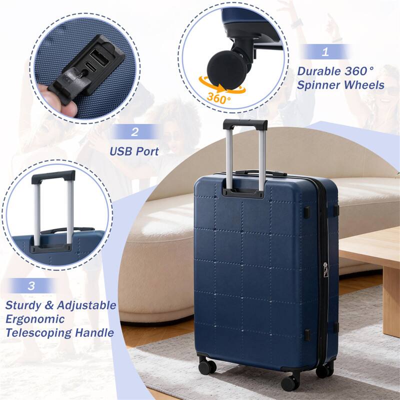 1. Durable 360° Spinner Wheels  
2. USB Port  
3. Sturdy & Adjustable Ergonomic Telescoping Handle