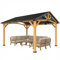 Front. Outsunny - x 11' Hardtop Gazebo Canopy with Galvanised Metal Roof, Fir Wood Frame and Central Hook for Patio - Black Gray and Natural.