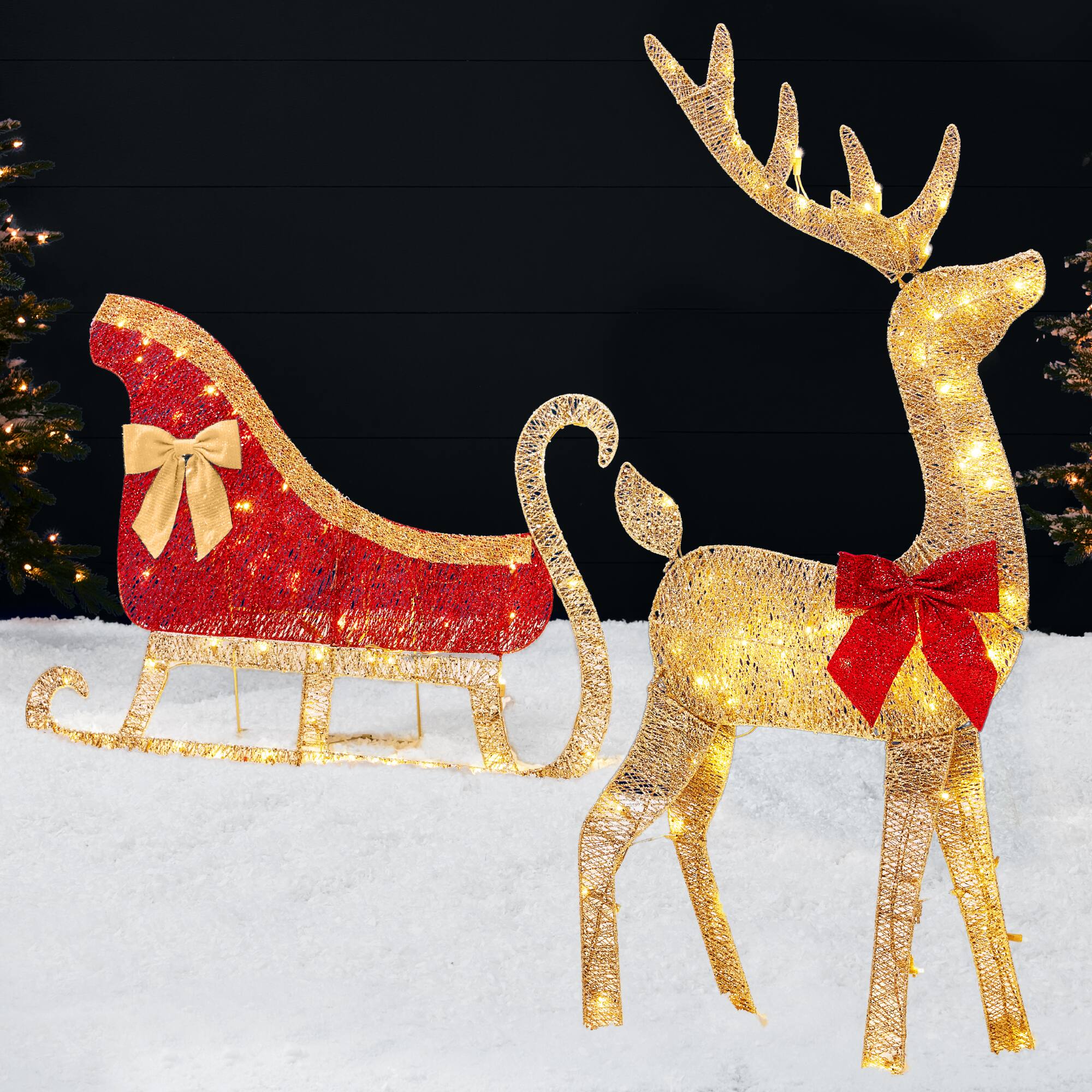 Best Choice Products - 4ft Lighted 2D Christmas Reindeer & Sleigh Set Outdoor Decor w/ 140 Warm White LED Lights - Gold