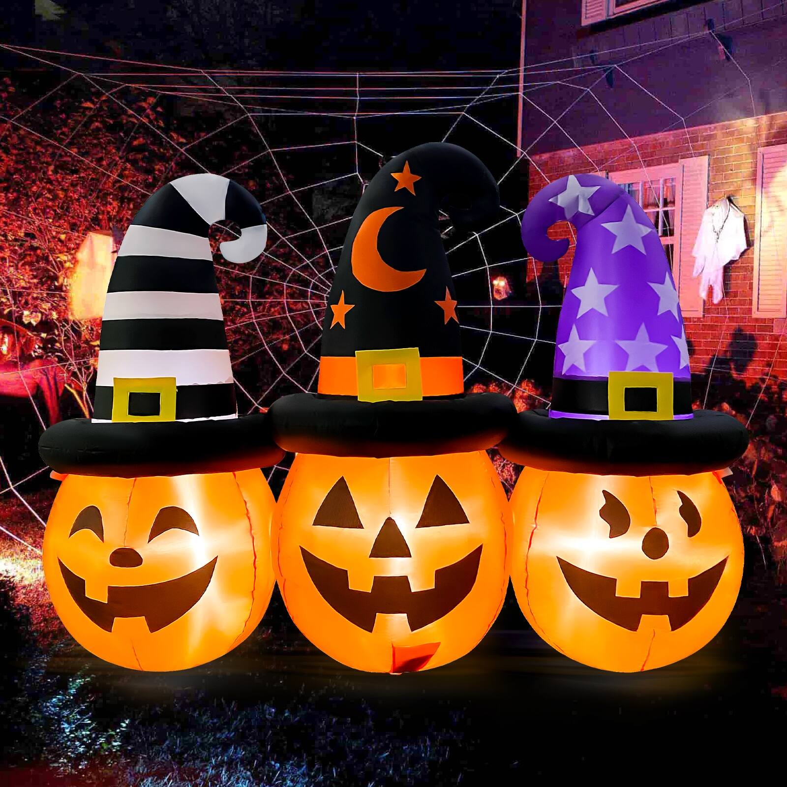 Angle. GOOSH Inflatables - GOOSH 6FT Inflatable Trio of Pumpkins with Witch Hats – Light-Up Halloween Yard Decoration - Orange.