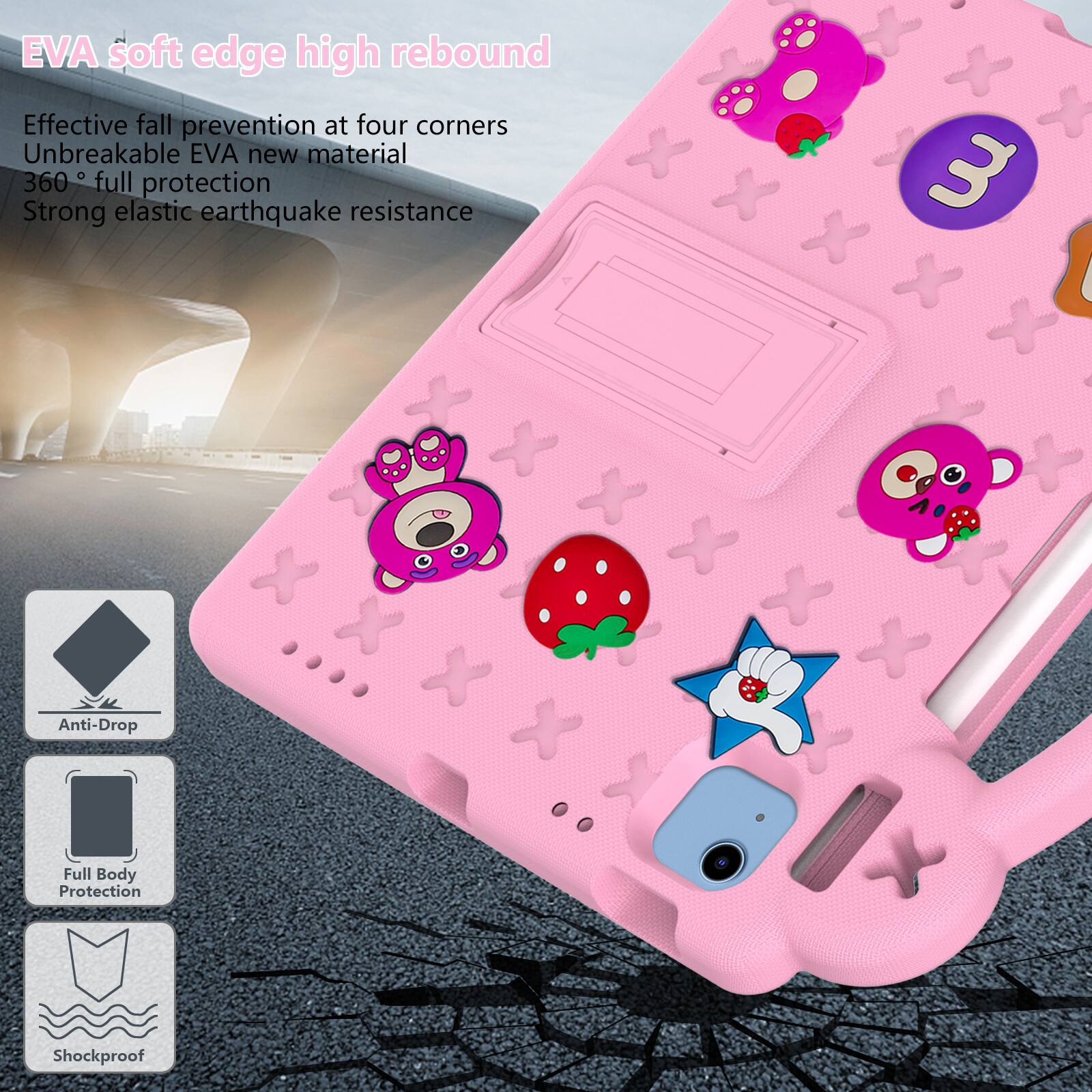 EVA soft edge high rebound  
Effective fall prevention at four corners  
Unbreakable EVA new material  
360° full protection  
Strong elastic earthquake resistance  
3 Anti-Drop Full Body Protection Shockproof