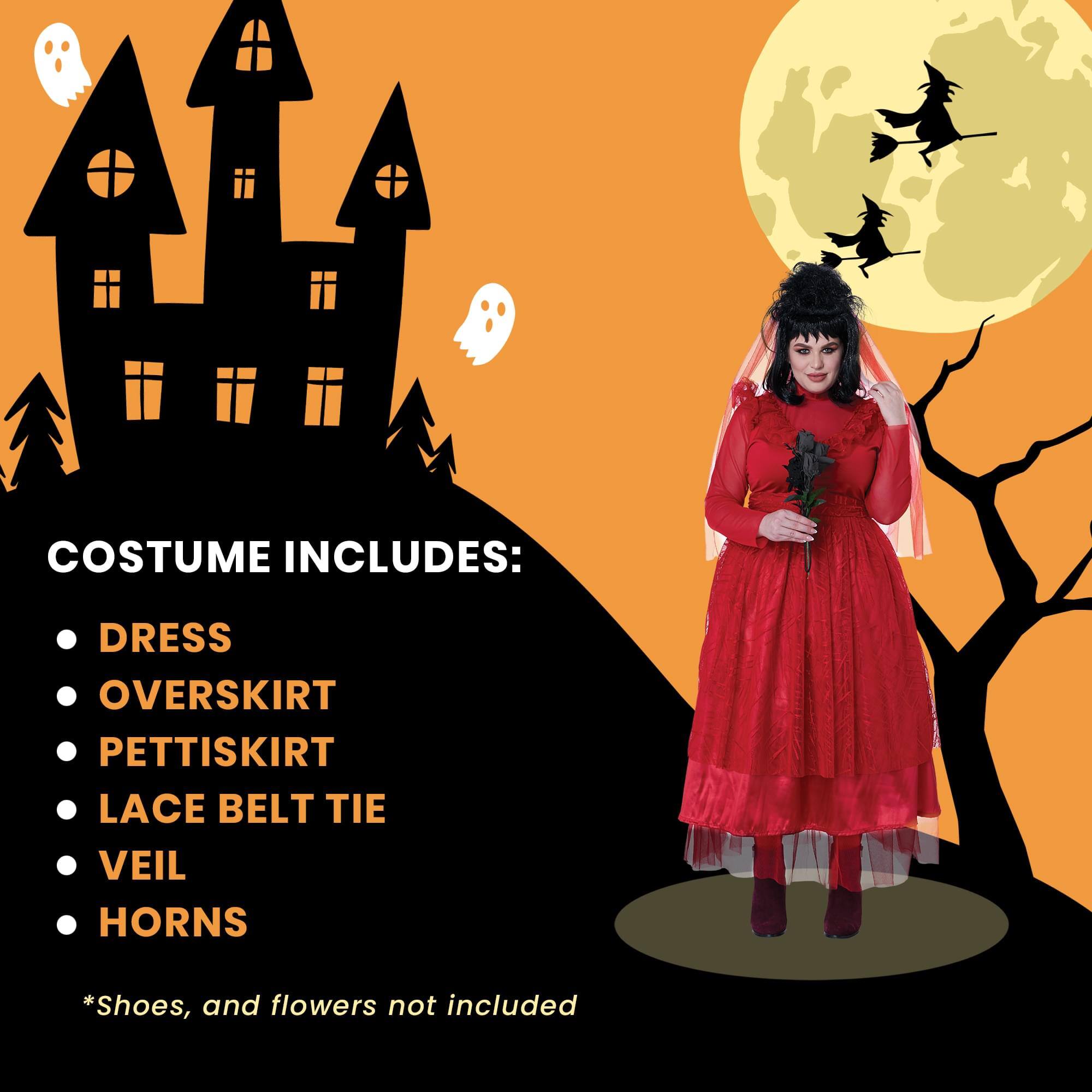 COSTUME INCLUDES:  
- DRESS  
- OVERSKIRT  
- PETTISKIRT  
- LACE BELT TIE  
- VEIL  
- HORNS  

*Shoes, and flowers not included