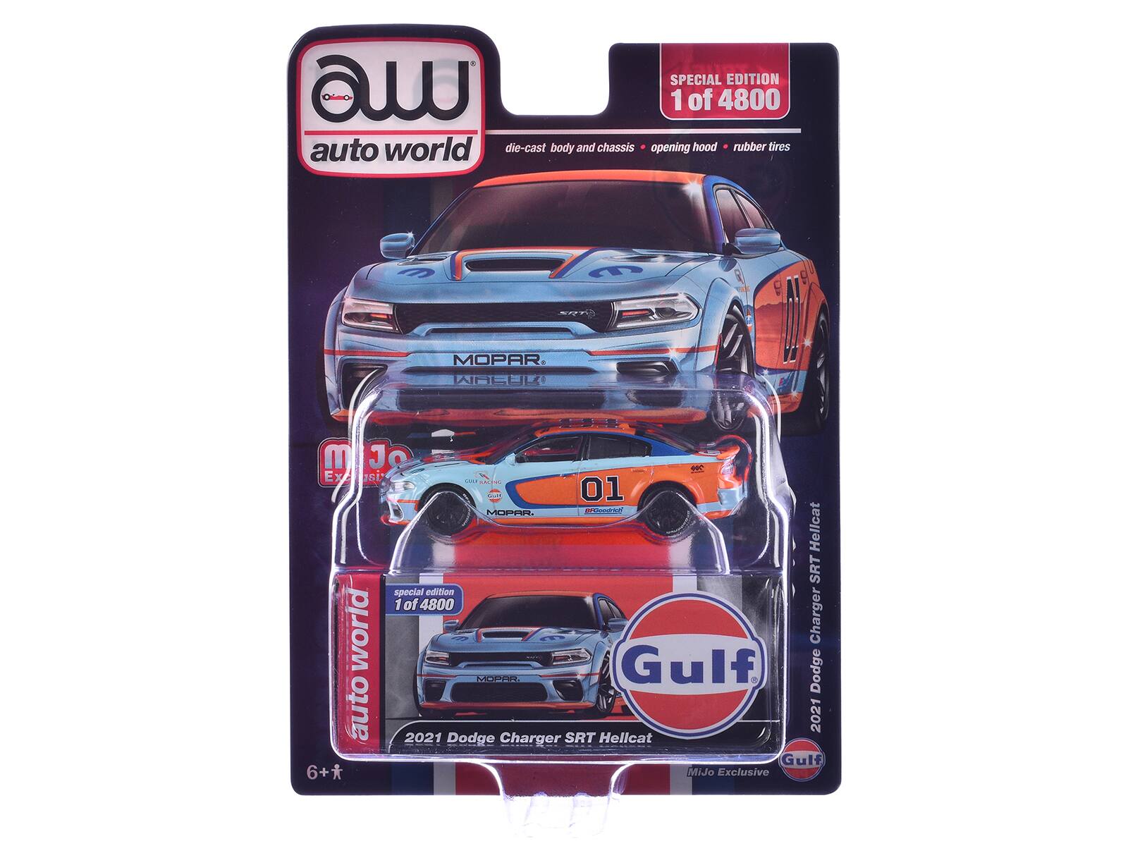 SPECIAL EDITION  
1 of 4800  
auto world  
die-cast body and chassis • opening hood • rubber tires  

MOPAR  
WASEK  

2021 Dodge Charger SRT Hellcat  
Gulf  
Mijo Exclusive  

auto world  
6+