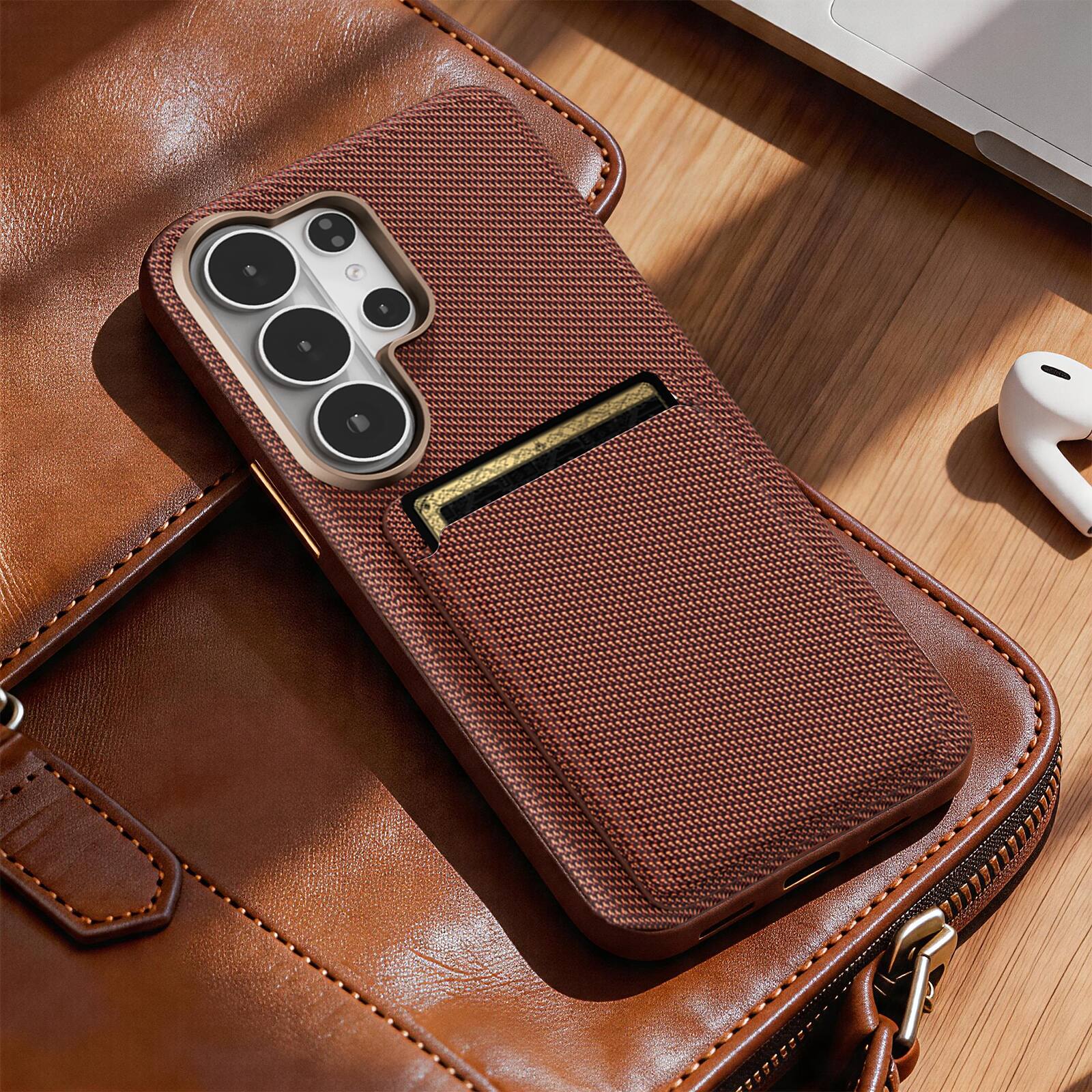 Alt View 6. Dteck - 2-in-1 Wallet Case for Samsung Galaxy S26 Ultra, Slim Shockproof Fabric Hybrid Cover with Magnetic Card Holder - Brown.