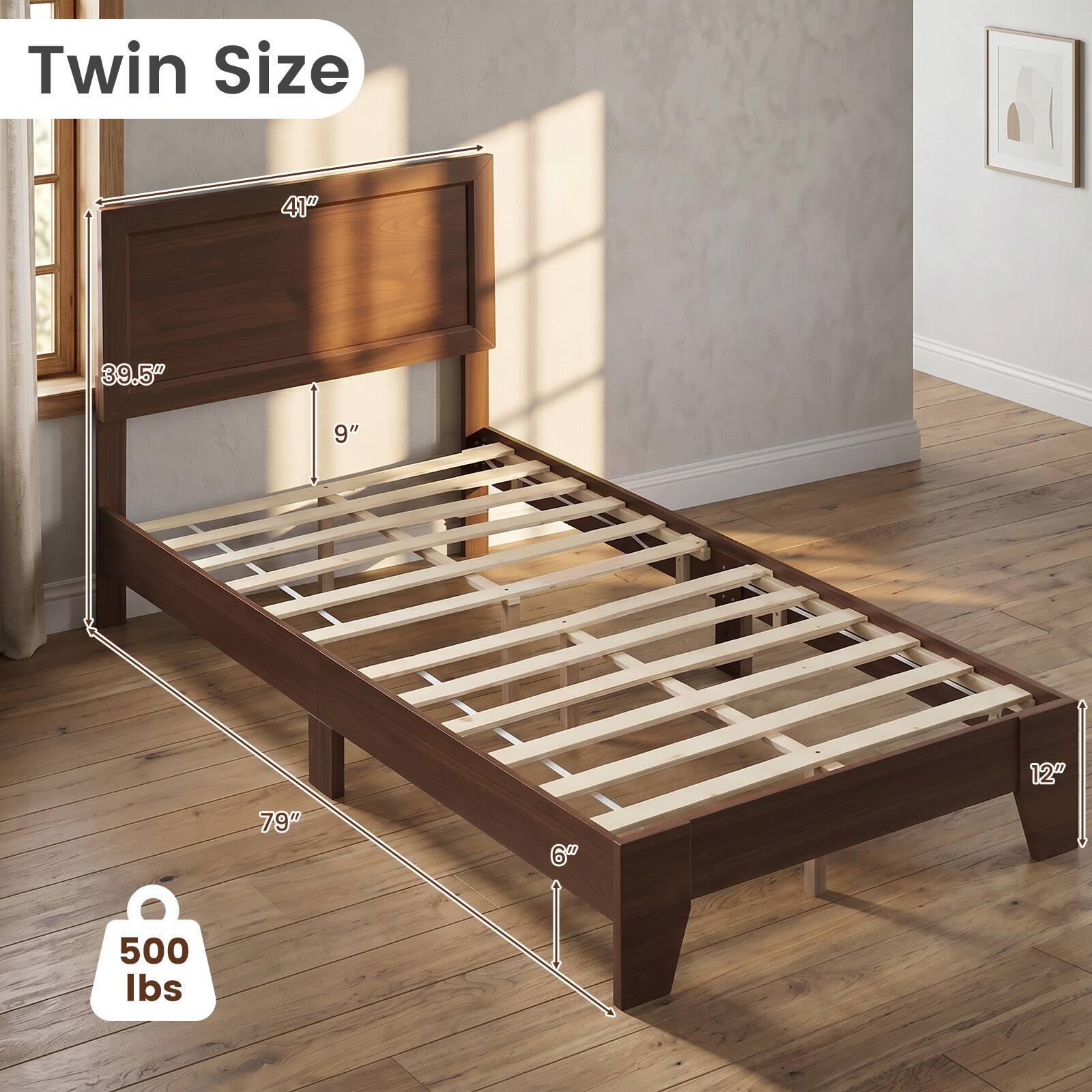 Twin Size  
41" x 39.5" x 9" x 12" x 79" x 6"  
500 lbs