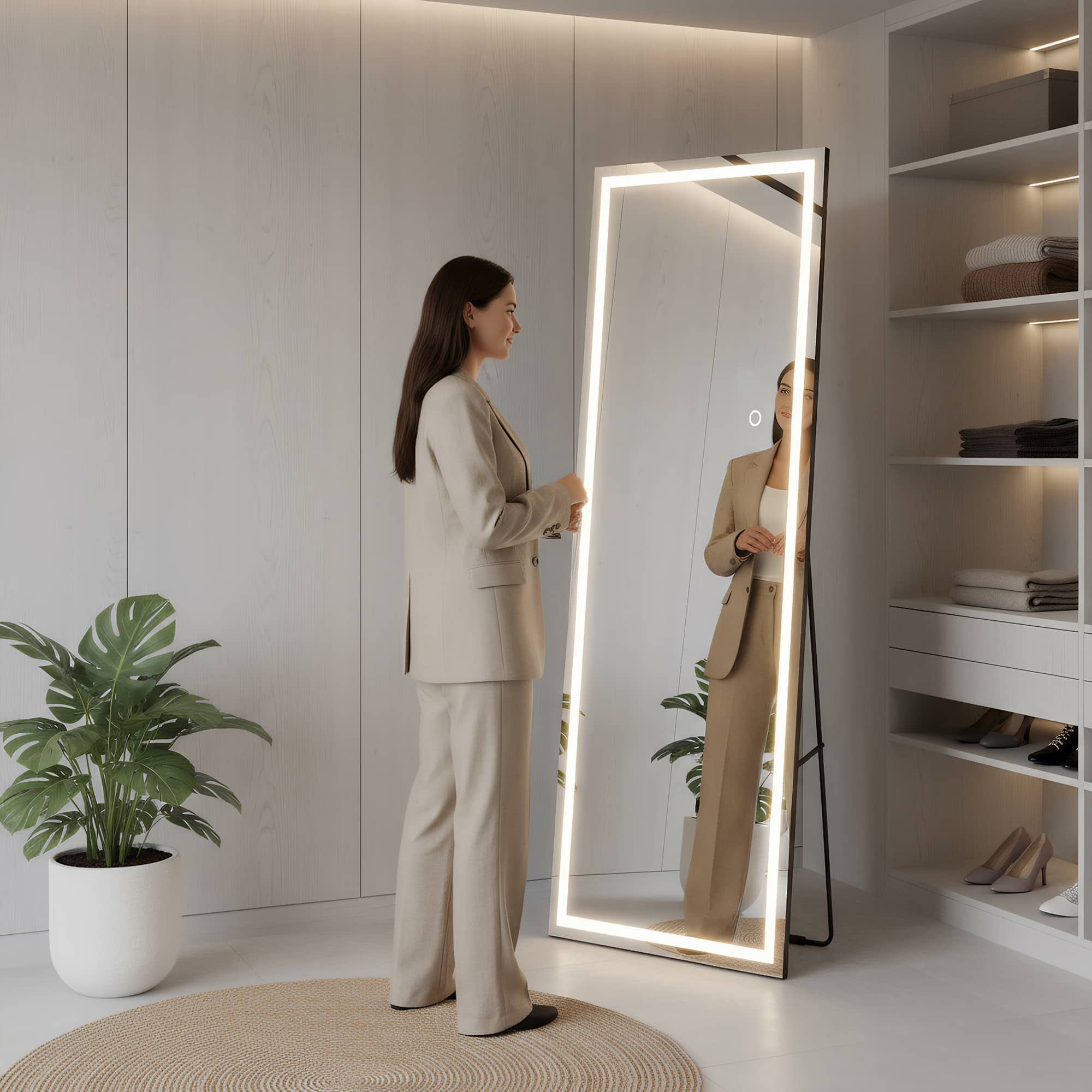 Spaco - 71 x 28 Rectangle Frameless Full-Length Tempered Mirror with Adjustable 3-Color LED Light - Black