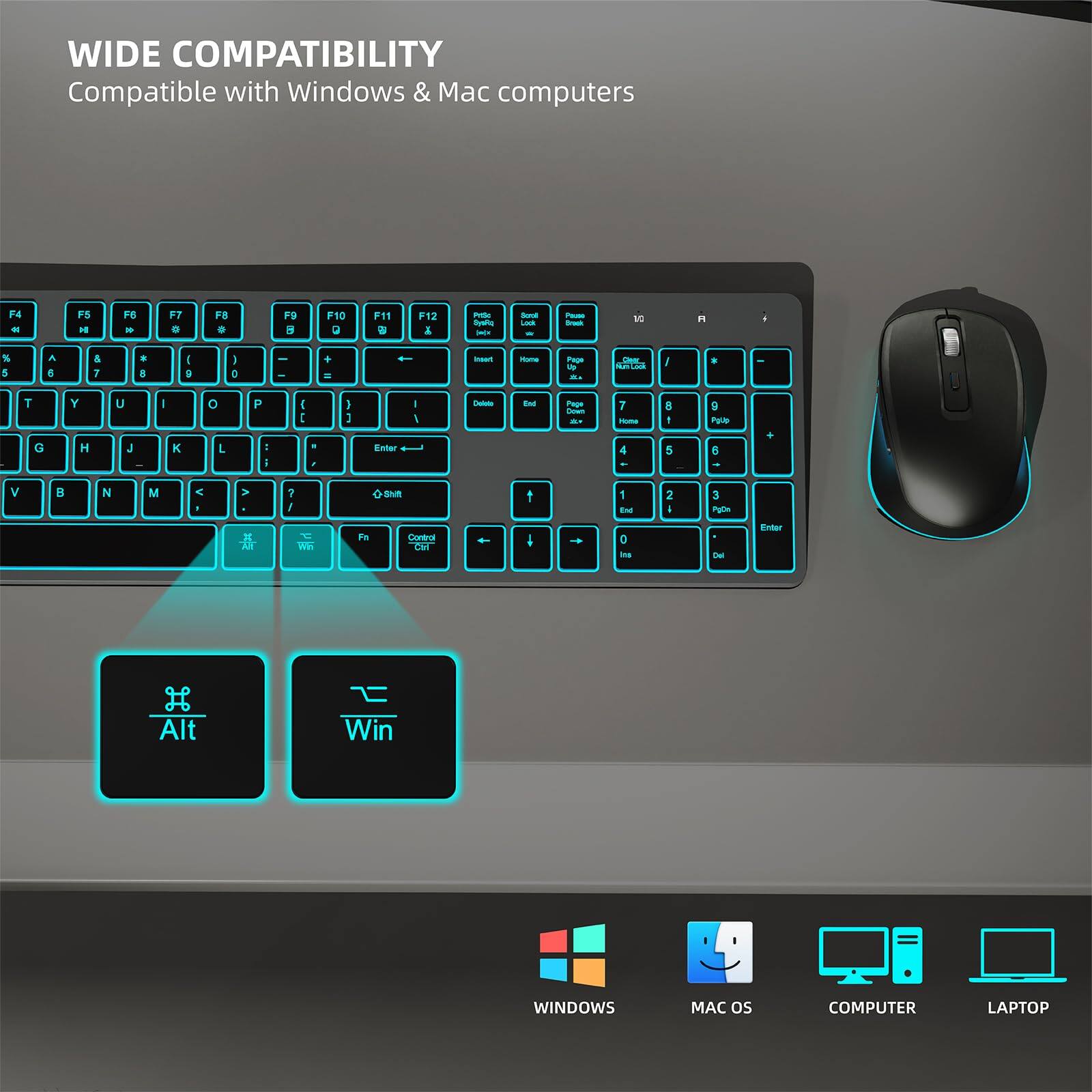 WIDE COMPATIBILITY  
Compatible with Windows & Mac computers  

F4 F5 F6 F7 F8 F9 F10 F11 F12  
PrtScn ScrLk Pause  
Insert Home Delete End  
PgUp PgDn  
Alt Win Ctrl  

1 2 3 4 5 6 7 8 9 0  
Q W E R T Y U I O P  
A S D F G H J K L ; '  
Z X C V B N M , . /  
Shift  
Ctrl Fn  

Alt Win  

WINDOWS MAC OS COMPUTER LAPTOP