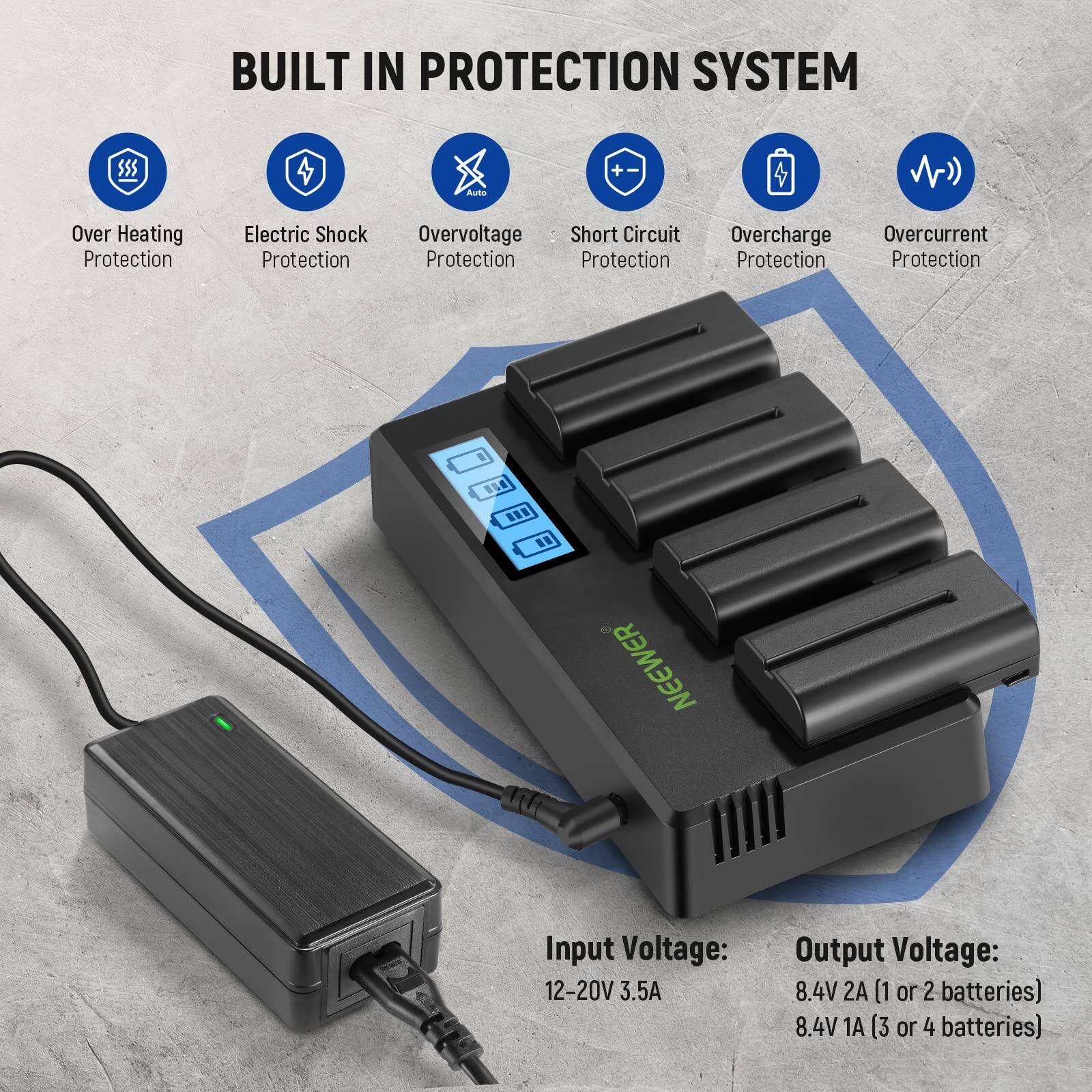 BUILT IN PROTECTION SYSTEM

- Over Heating Protection
- Electric Shock Protection
- Overvoltage Protection
- Short Circuit Protection
- Overcharge Protection
- Overcurrent Protection

Input Voltage: 12-20V 3.5A

Output Voltage: 
- 8.4V 2A (1 or 2 batteries)
- 8.4V 1A (3 or 4 batteries)